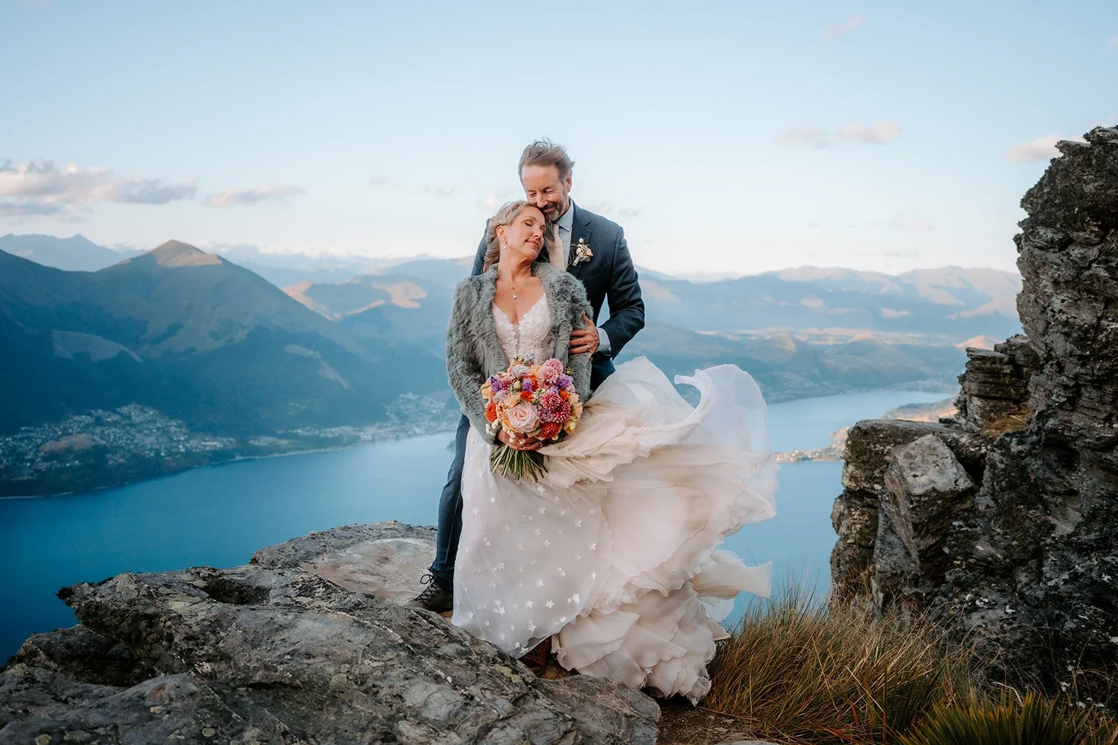 Lightweight wedding gown featuring stars for New Zealand elopement bride