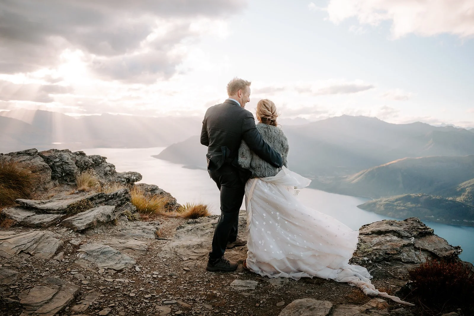 Lightweight wedding gown featuring stars for New Zealand elopement bride