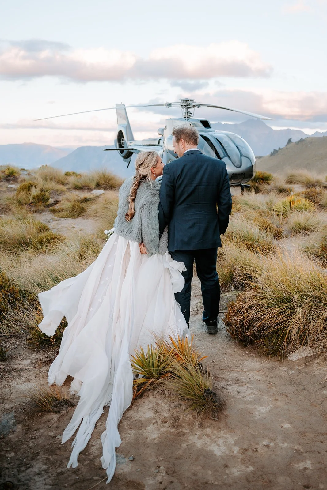 Romantic silk chiffon elopement dress in Queenstown, New Zealand