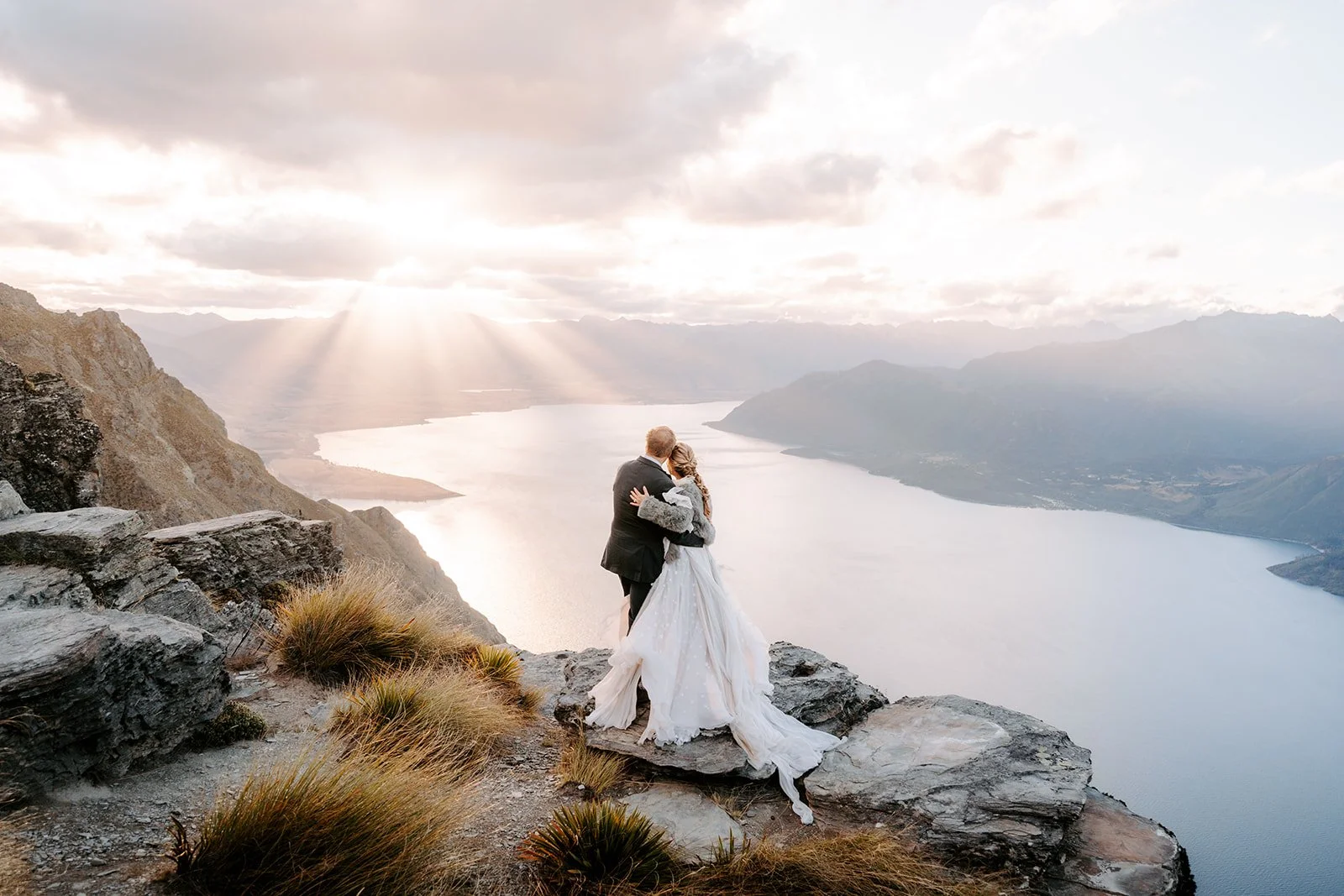 Magical Romantic silk chiffon elopement dress overlooking Lake Wakatipu in New Zealand