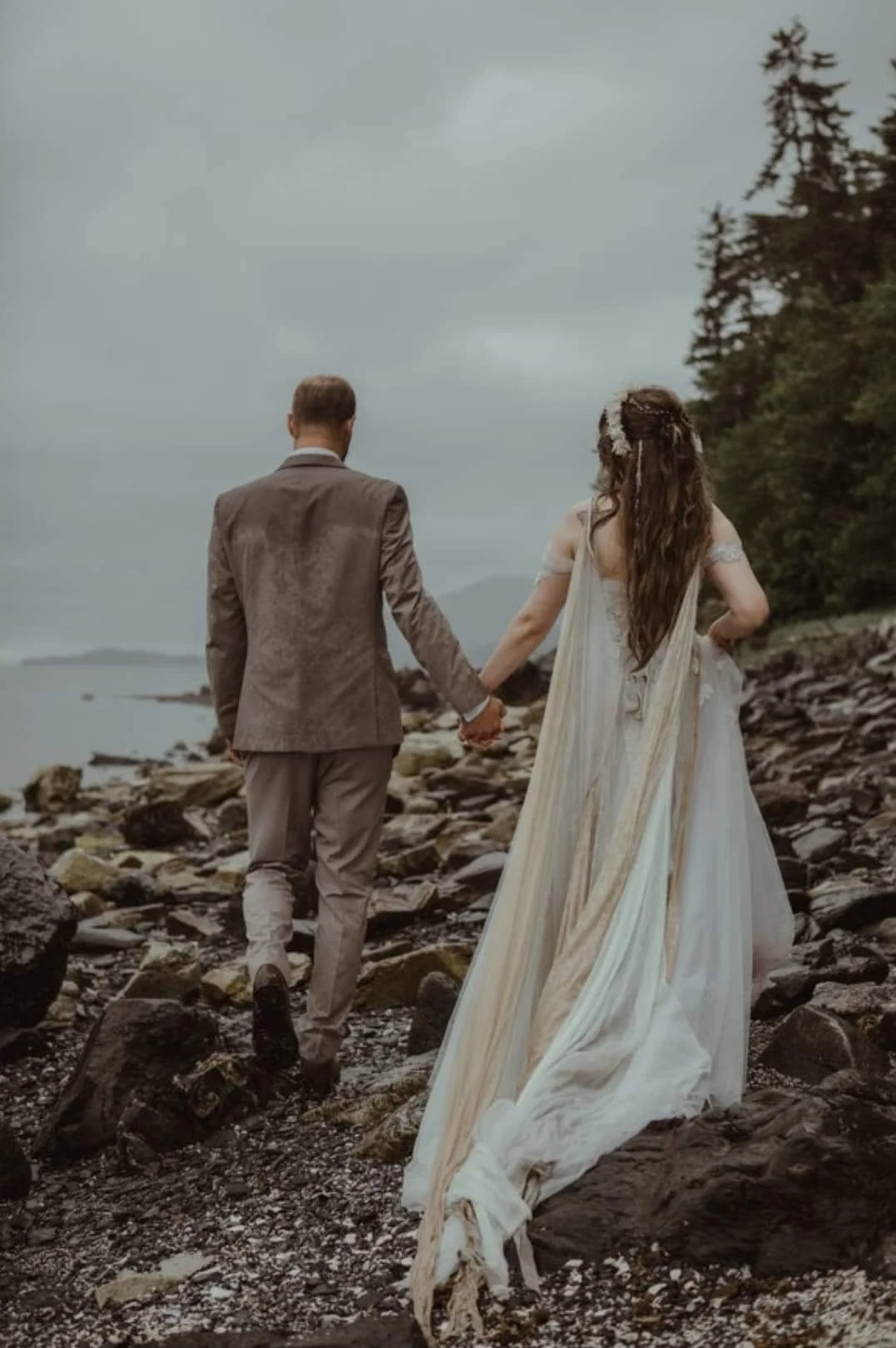 Whimsical Alaska Elopement wedding dress with floral lace