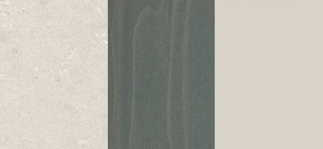 Essastone Perla Venato, Laminex Smoked Birchply, Laminex Oyster Grey