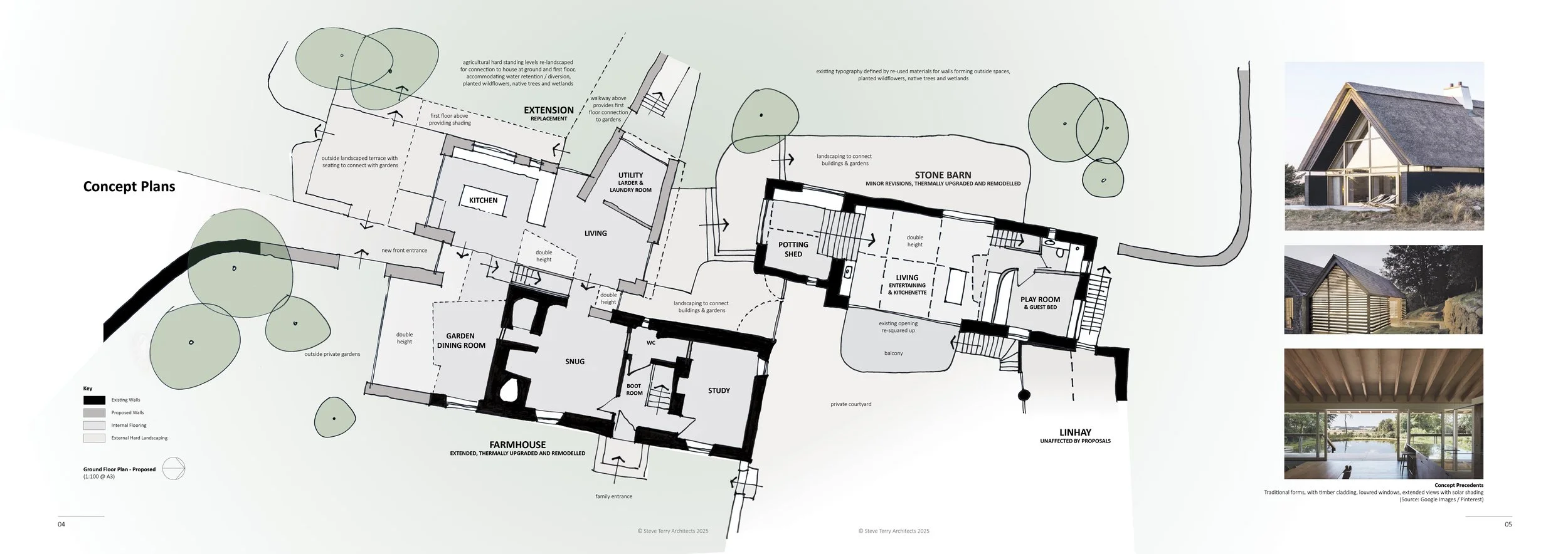 Architectural concept plan of a farmhouse with surrounding gardens, trees, and various structures, including a potting shed and playroom, showing proposed and existing walls, floors, and landscaping details.
