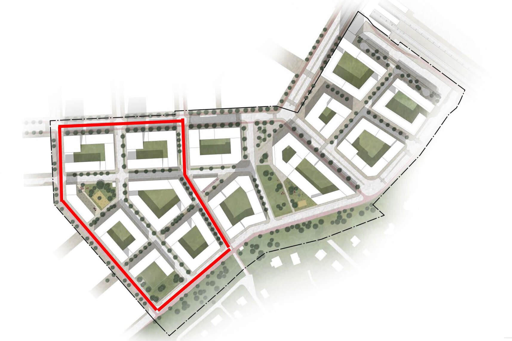   Södra Veddesta.    Ett stort planområde som knyter ihop tät stad med park och villor. Veidekkes del inom röd markering ritat av Lindberg Stenberg Arkitekter. Sammanställd Illustration av AIX Arkitekter  