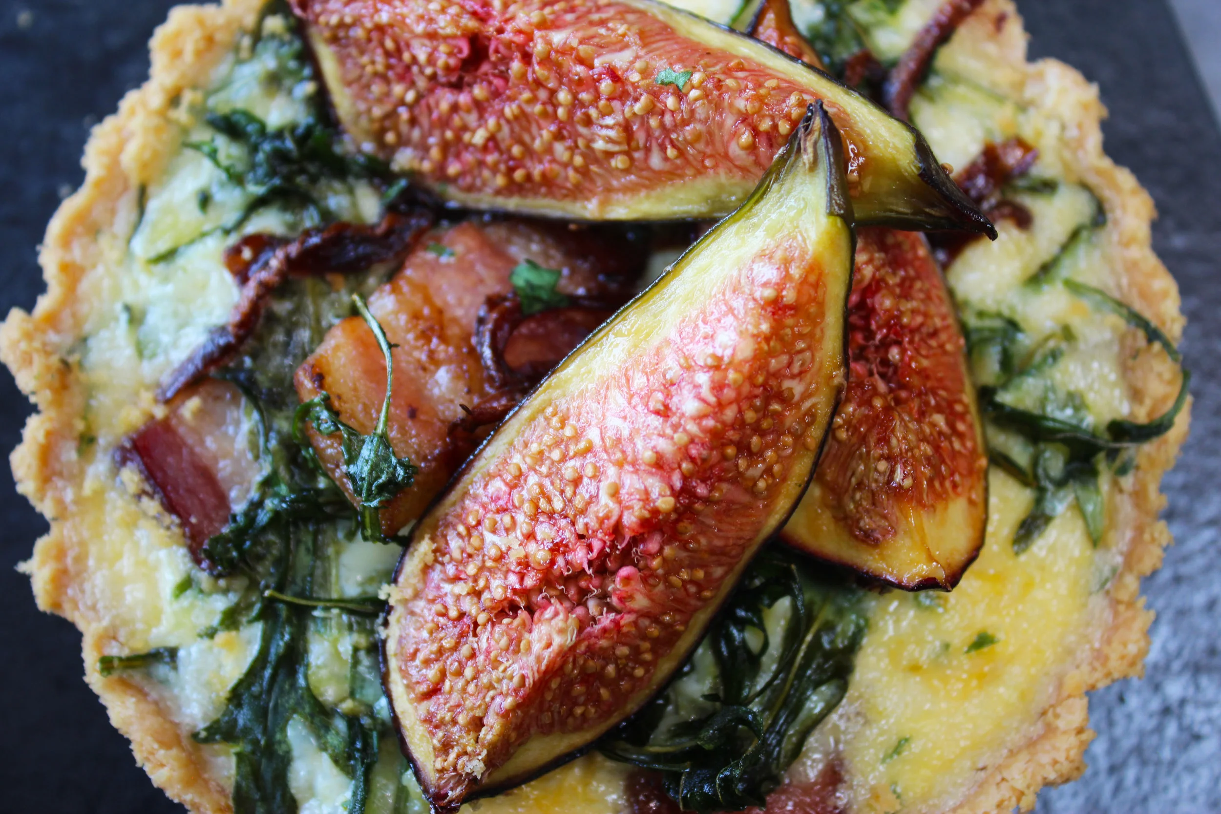 Fig, pancetta, spinach and blue cheese tart
