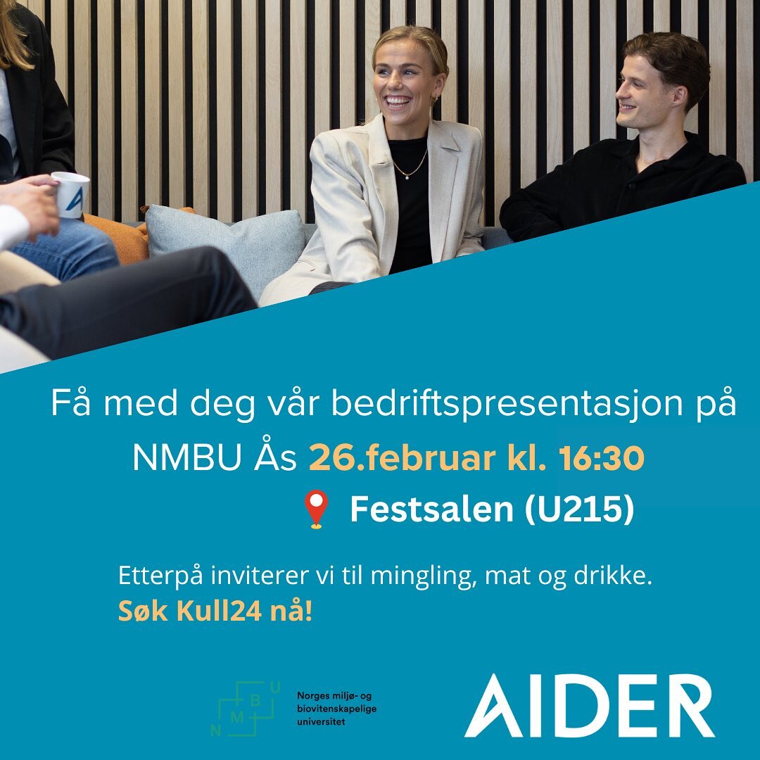 Invitasjon til Bedriftspresentasjon med AIDER💙

Vi har gleden av &aring; invitere deg til en bedriftspresentasjon med AIDER, som vil finne sted p&aring; Norges milj&oslash;- og biovitenskapelige universitet (NMBU) i &Aring;s, den 26. februar kl. 16: