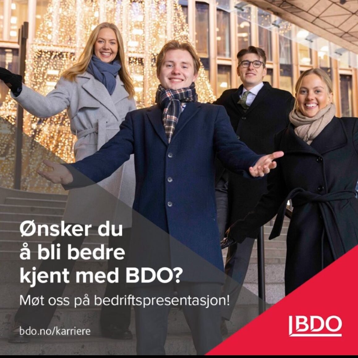 Hei alle sammen! 🎉

Vi er begeistret for &aring; invitere dere til  bedriftspresentasjon hos BDO i Vika Atrium, Oslo, den 6. februar. Bli med for en dag full av l&aelig;ring, nettverksbygging og moro! Her er hva du kan forvente:

🚌 Transport fra &A