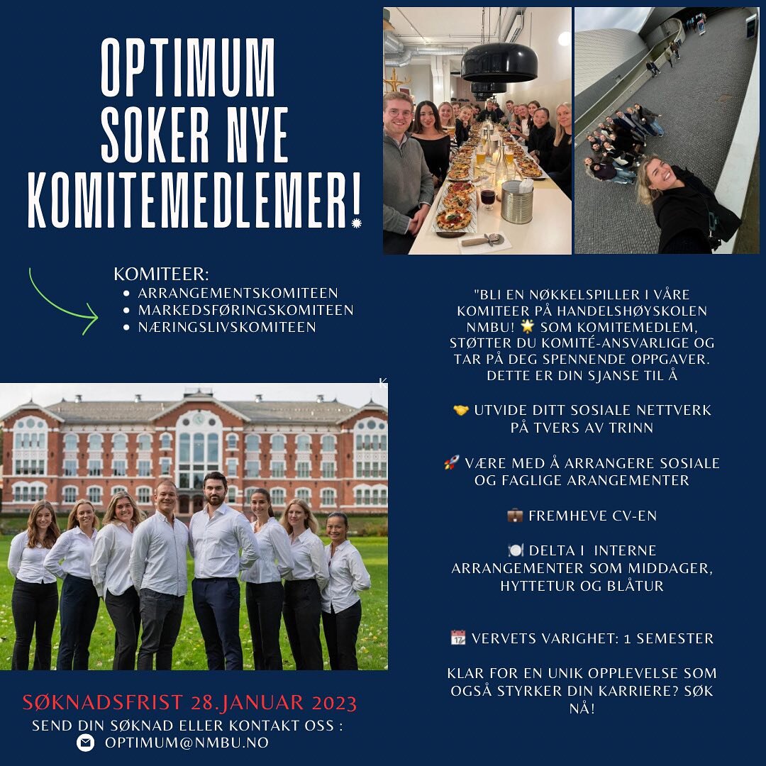 Oppdag nye muligheter ved Handelsh&oslash;yskolen NMBU &ndash; Bli med i en komit&eacute;! 🌟

Ved &aring; delta som komitemedlem, f&aring;r du muligheten til &aring;:

Bidra aktivt i teamarbeid og st&oslash;tte dine komit&eacute;ledere.
P&aring;ta d