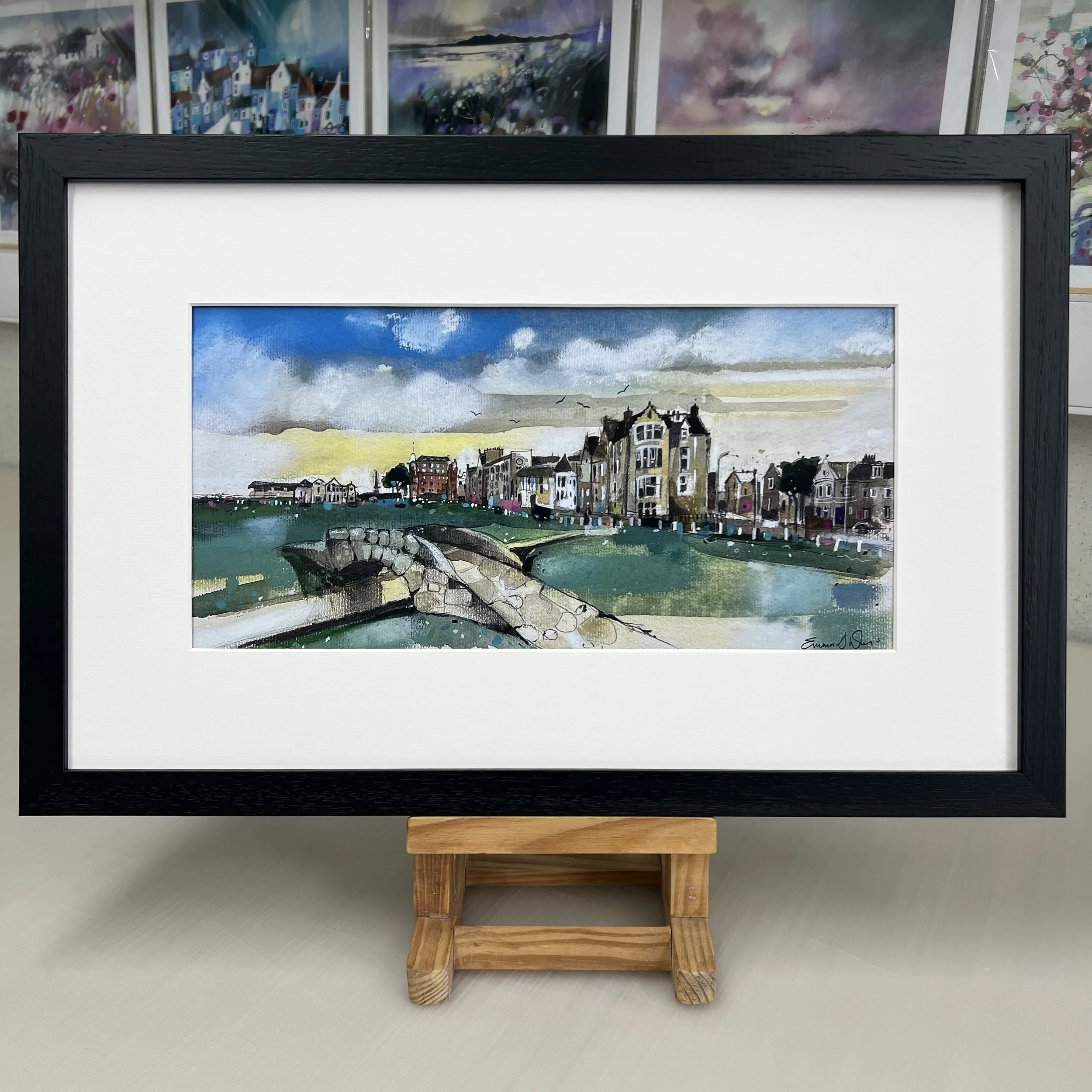 Swilcan Bridge Old Course St Andrews art print with 18th green and R&A clubhouse by Emma S Davis Artist. Framed in black.