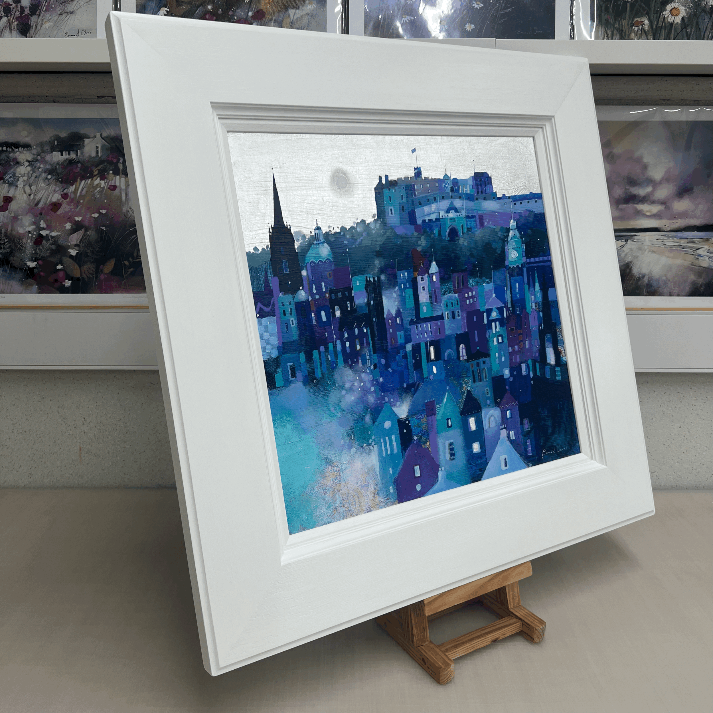 Original oil painting of Edinburgh Castle and the Edinburgh skyline in blue and teal tones by Scottish artist Emma S Davis. Side view.