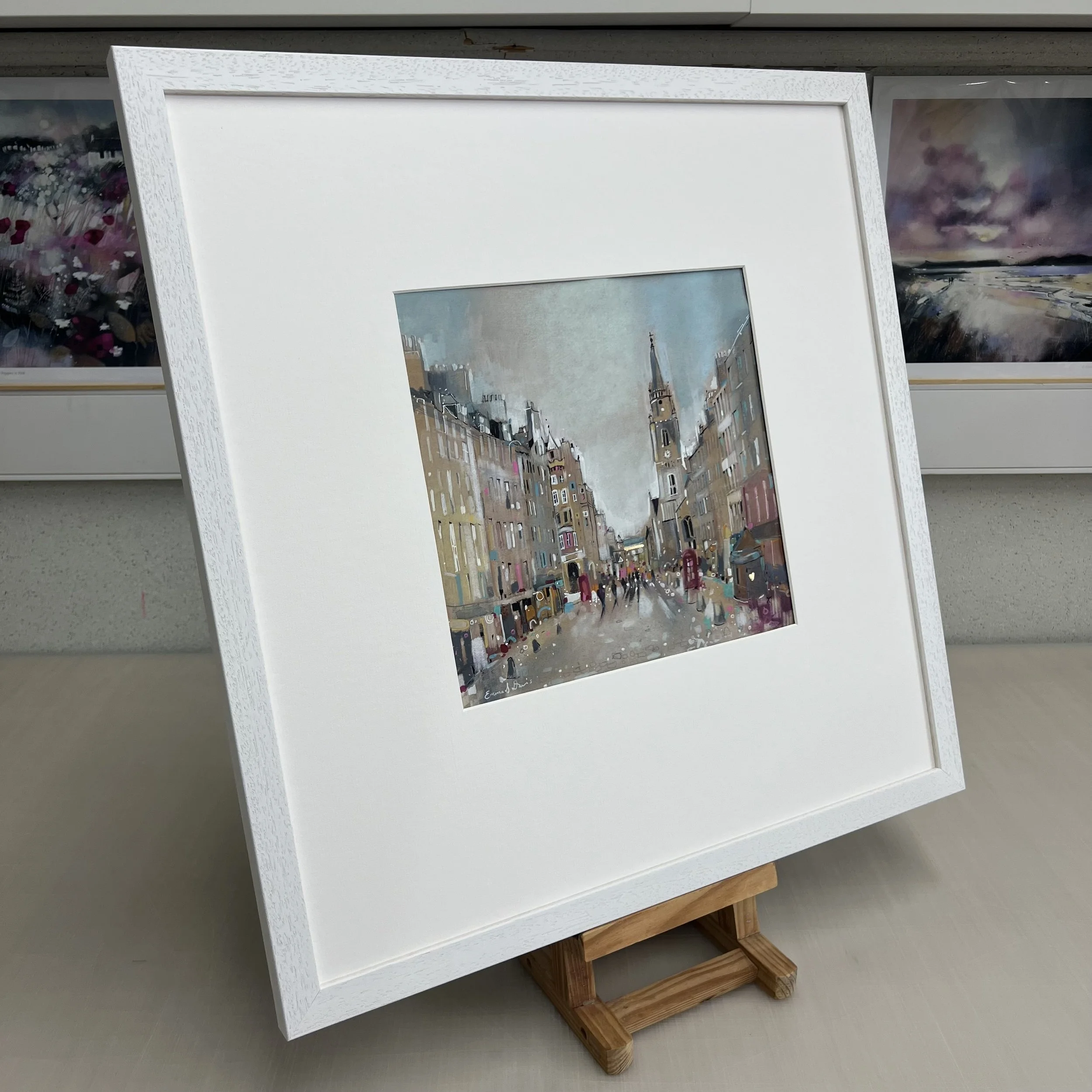 Royal Mile, Edinburgh by Emma S Davis – original mixed media artwork looking along the Royal Mile towards the Tron Kirk. Side view.