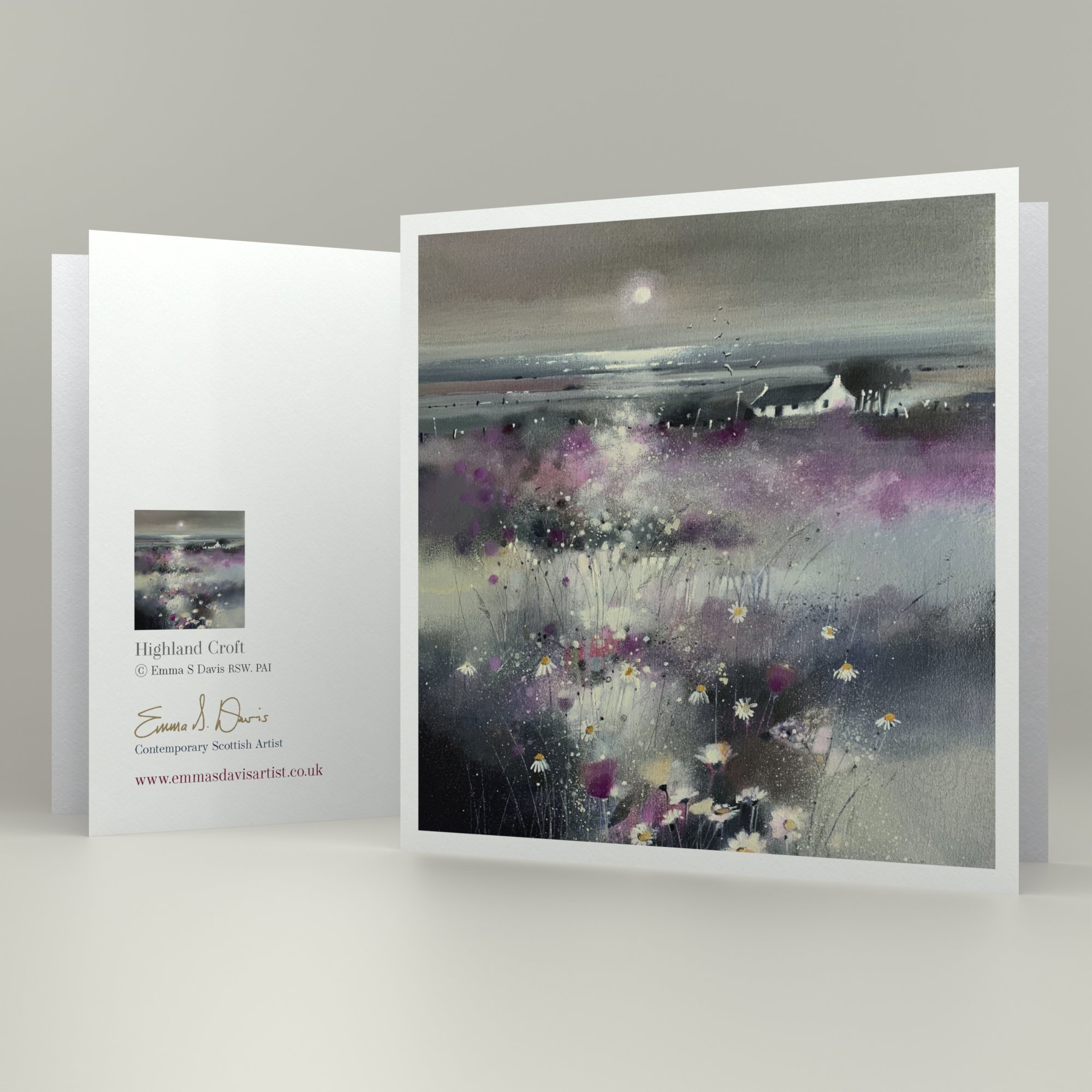 Highland Croft Scottish landscape framed art card featuring a traditional croft surrounded by Highland scenery by Emma S Davis Artist.