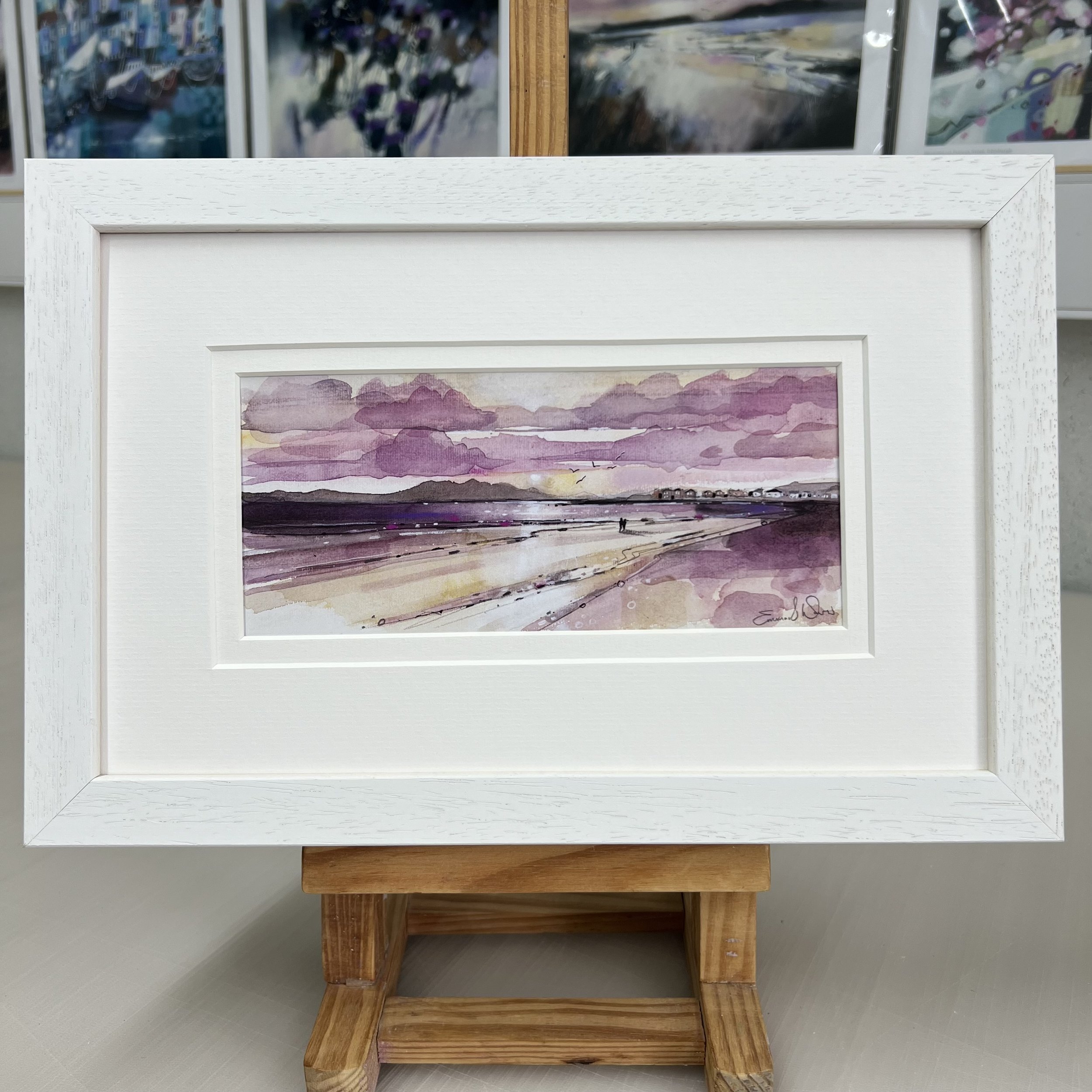 Framed Art Card Isle of Arran View, Troon Beach, Ayrshire by Scottish Landscape Artist Emma S Davis. White Frame Double Mount