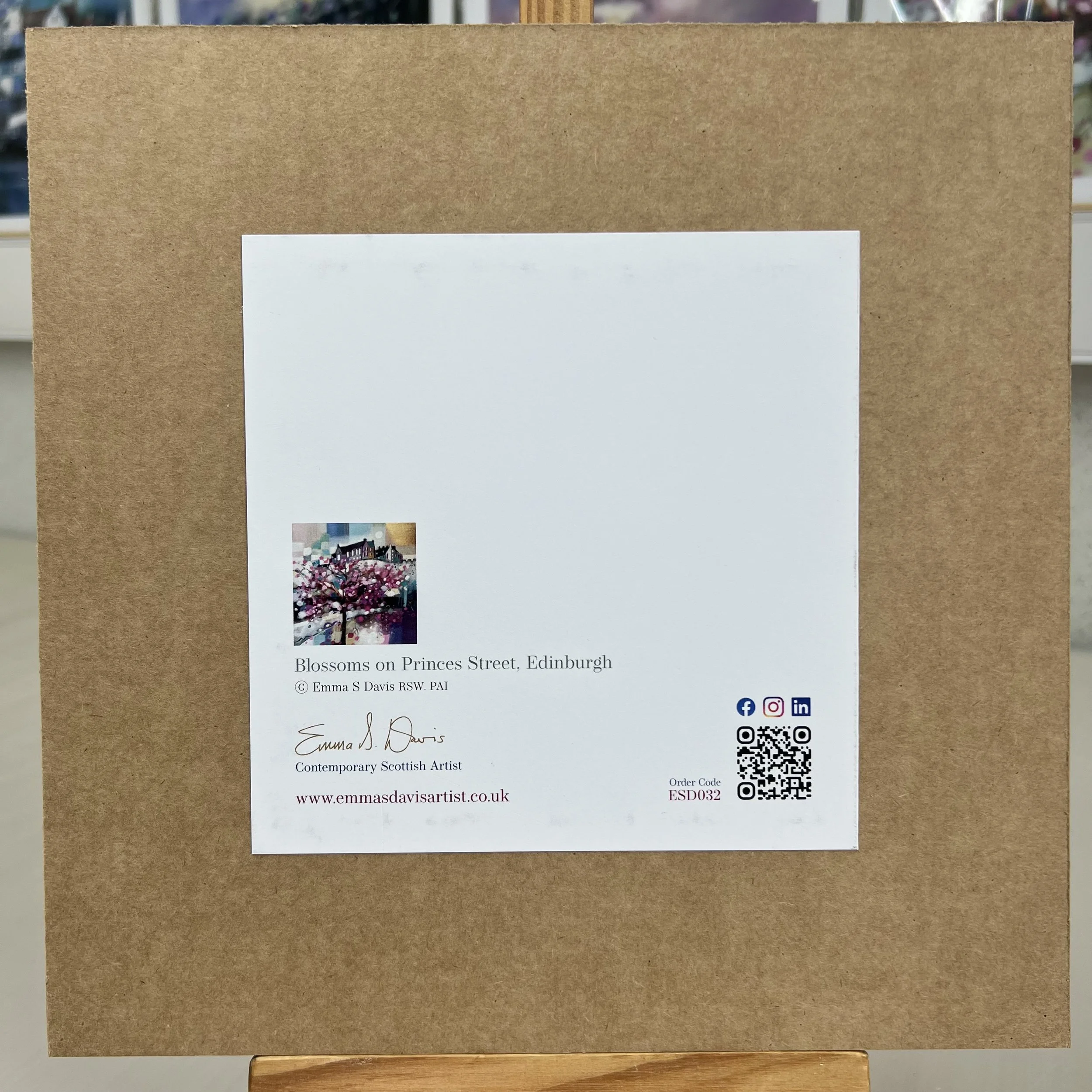 Greetings Card Edinburgh Castle Princes Street Gardens by Scottish Landscape Artist Emma S Davis. Mounted option rear view.