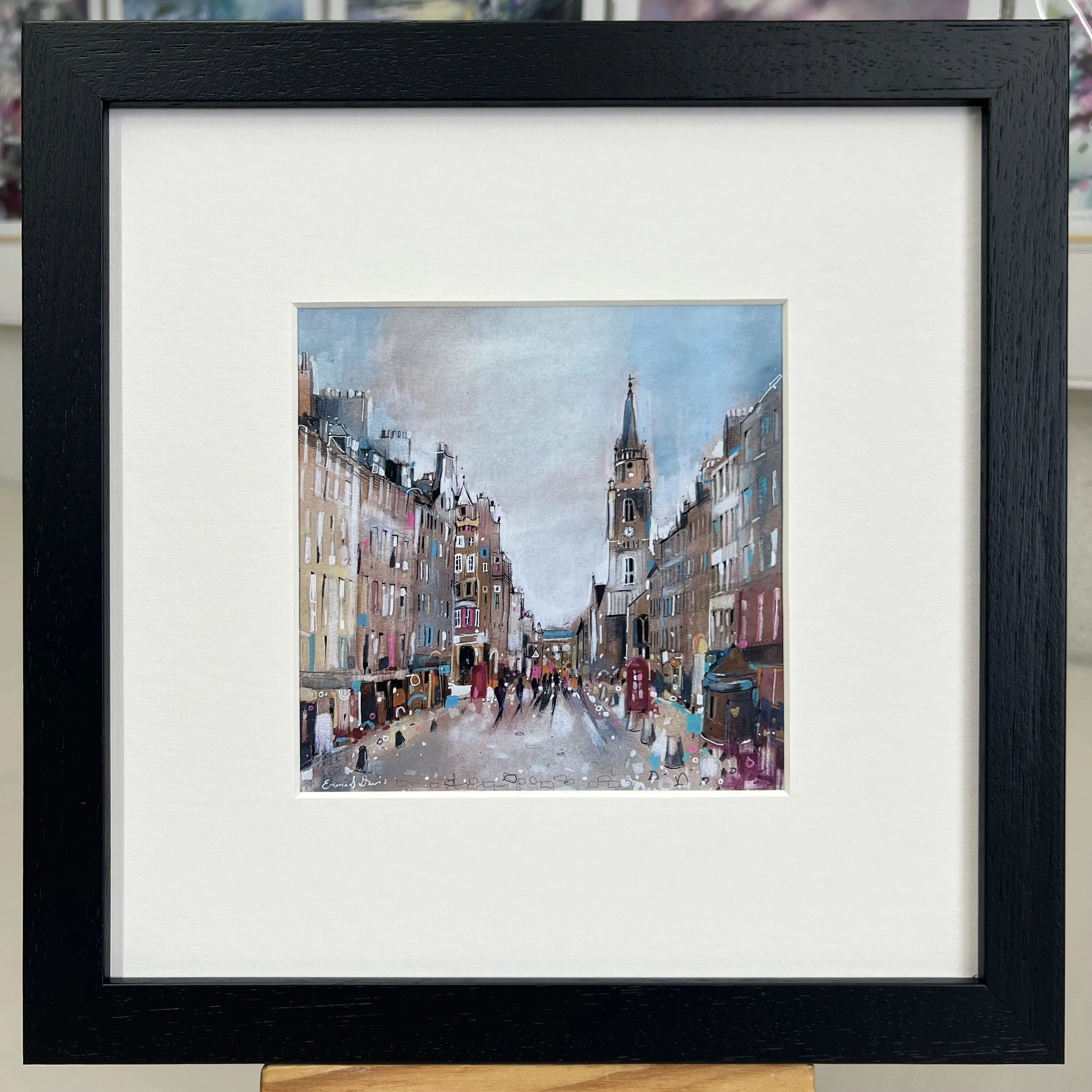 Royal Mile Edinburgh framed art card featuring one of Edinburgh’s most famous historic streets in Scotland by Emma S Davis Artist. Black frame single mount.