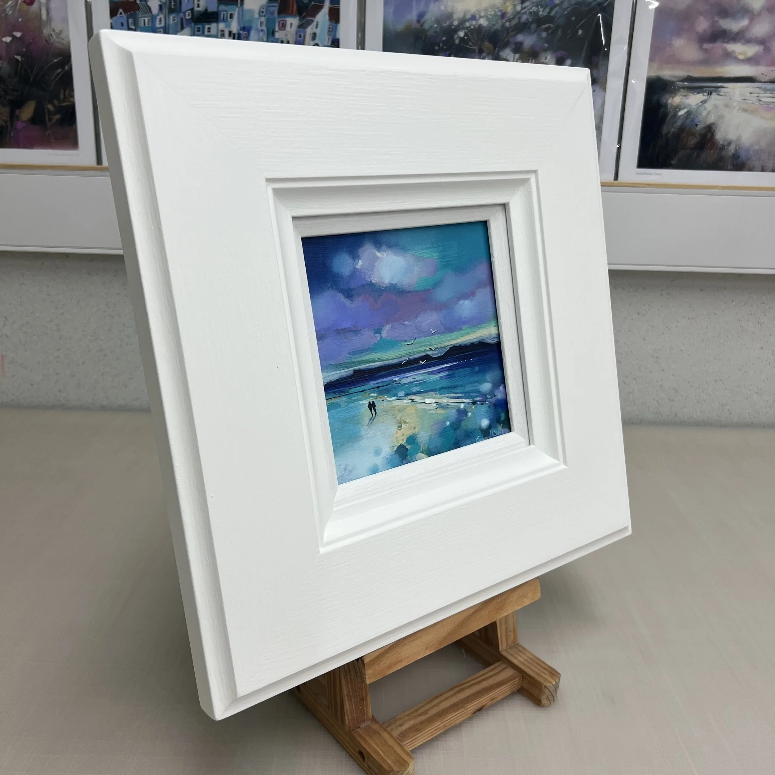 Original oil painting of Camusdarach Beach with white sands and turquoise sea by Scottish artist Emma S Davis. Side view.