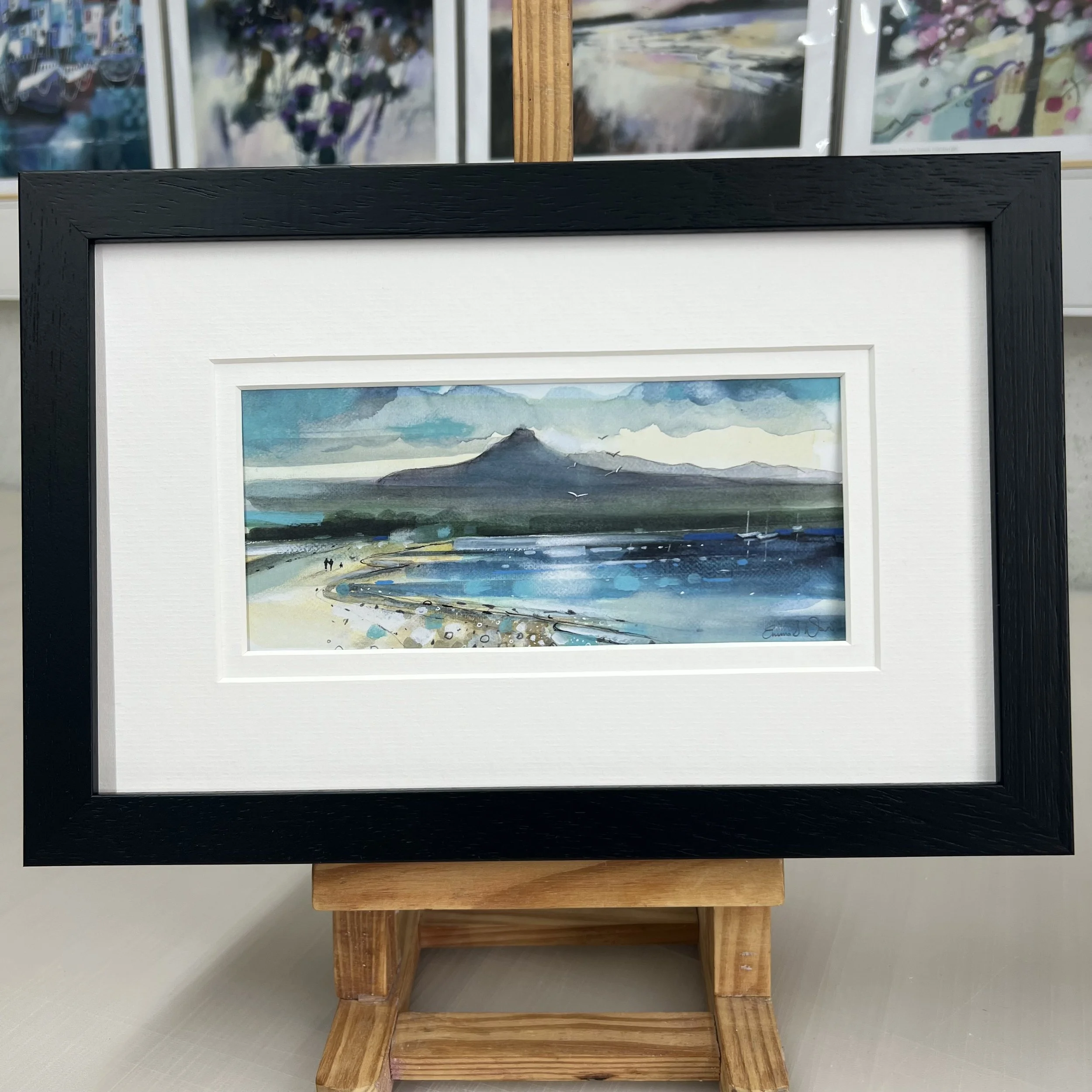 Framed Art Card Brodick, Isle of Arran by Scottish Landscape Artist Emma S Davis. Black Frame Double mount
