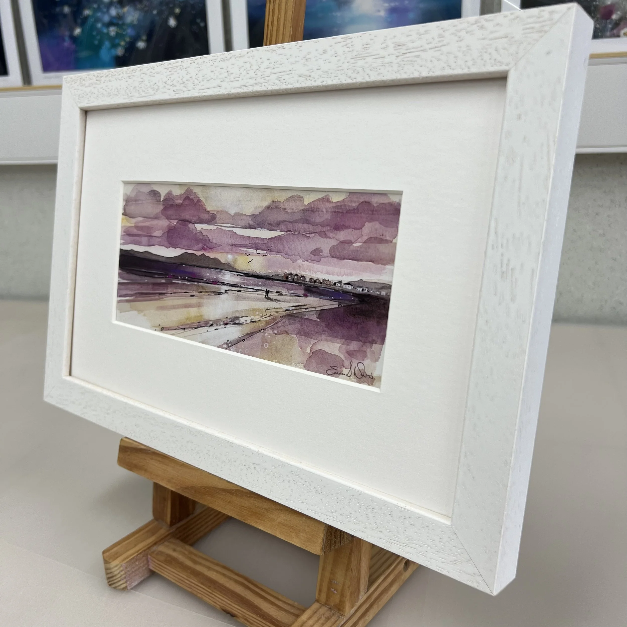 Troon Beach Sunset - Framed Greetings Card by Emma S Davis Artist - white frame - angled view