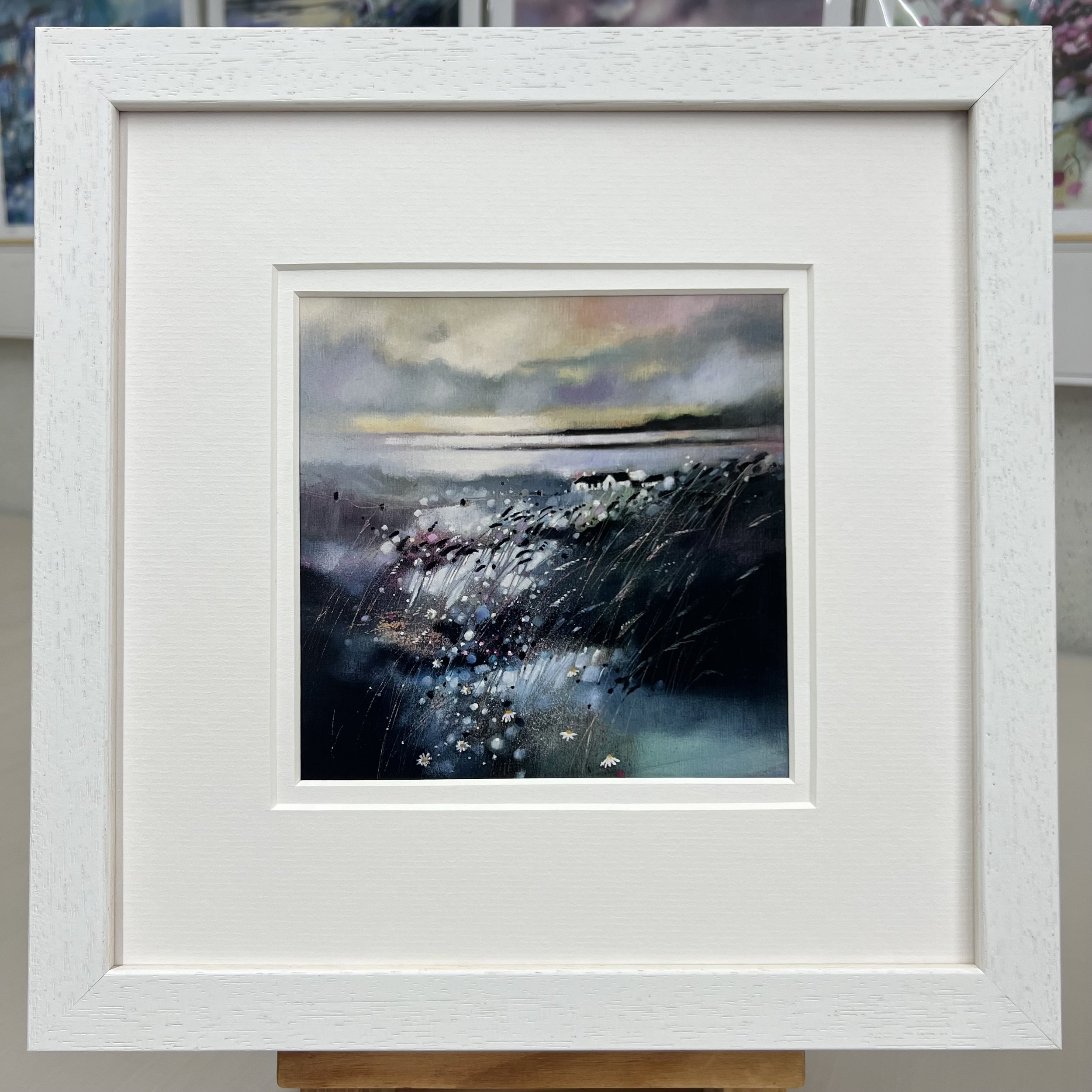 Framed Art Card Isle of Skye View by Scottish Landscape Artist Emma S Davis. White Frame Double Mount