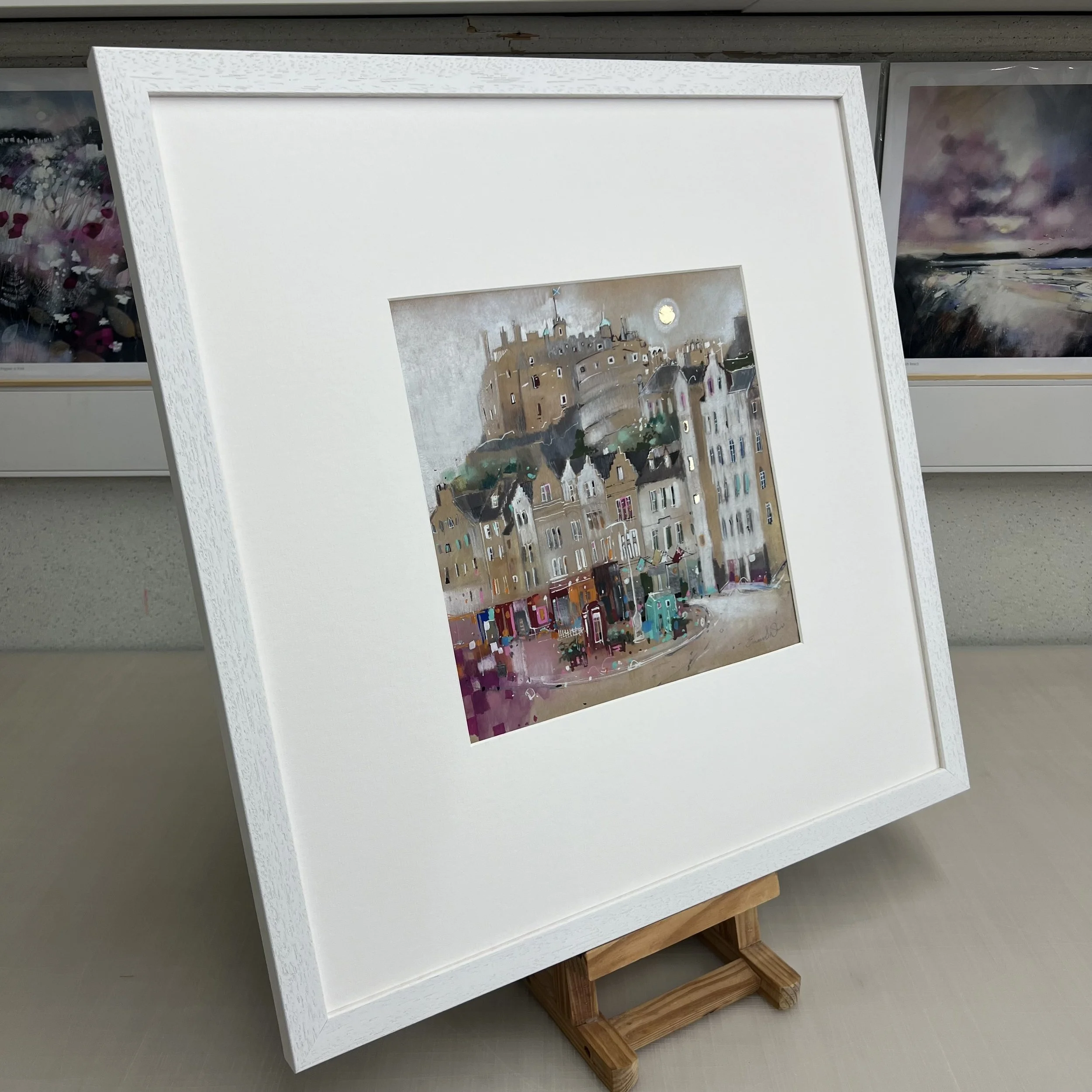 Moonlight, Grassmarket, Edinburgh by Emma S Davis – original mixed media artwork featuring Edinburgh Castle above the historic Grassmarket at dusk. Side view.