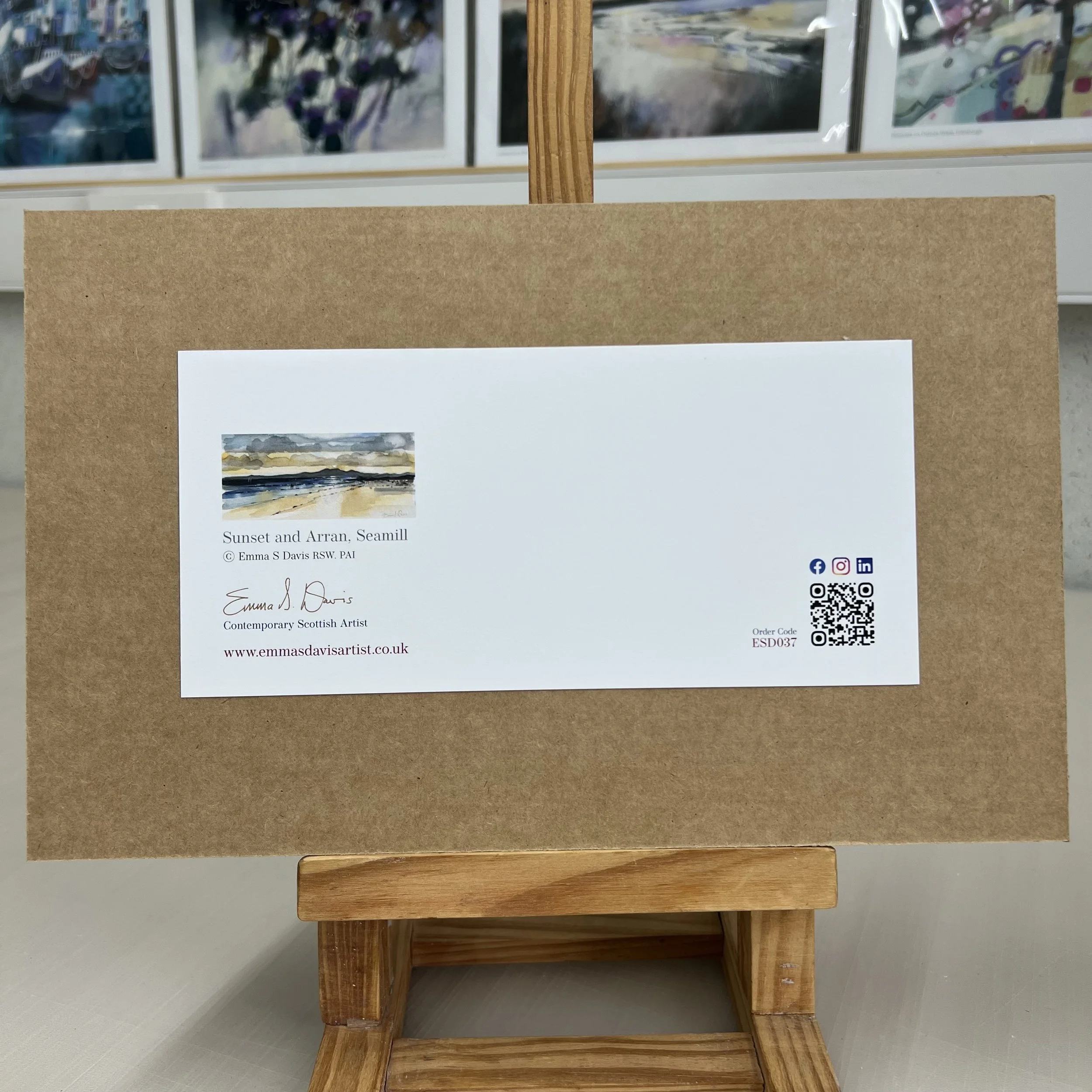 Greetings Card Arran View Seamill Ayrshire by Scottish Landscape Artist Emma S Davis. Rear view of mounted option.