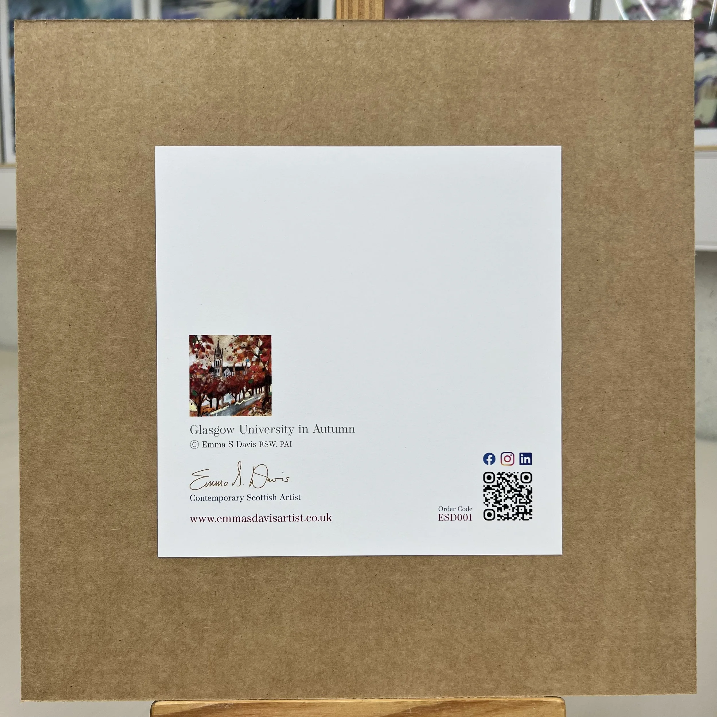 Greetings Card Glasgow University in Autumn by Scottish Landscape Artist Emma S Davis. Mounted option rear view.