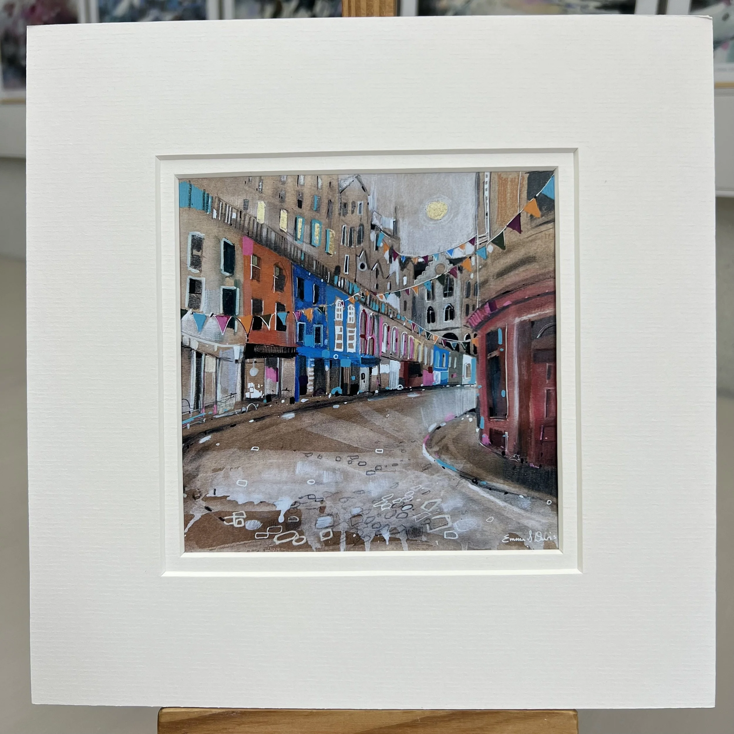 Victoria Street Edinburgh artwork featuring colourful bunting and the famous curved street in Edinburgh, Scotland. Mounted option.