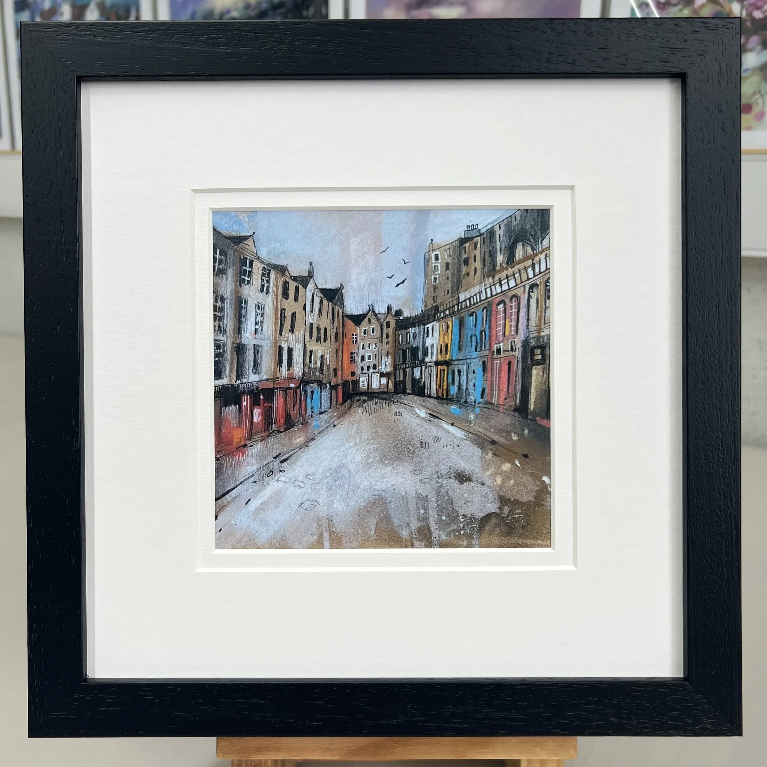 Framed Art Card Edinburgh Victoria Street by Scottish Landscape Artist Emma S Davis. Black Frame Double Mount