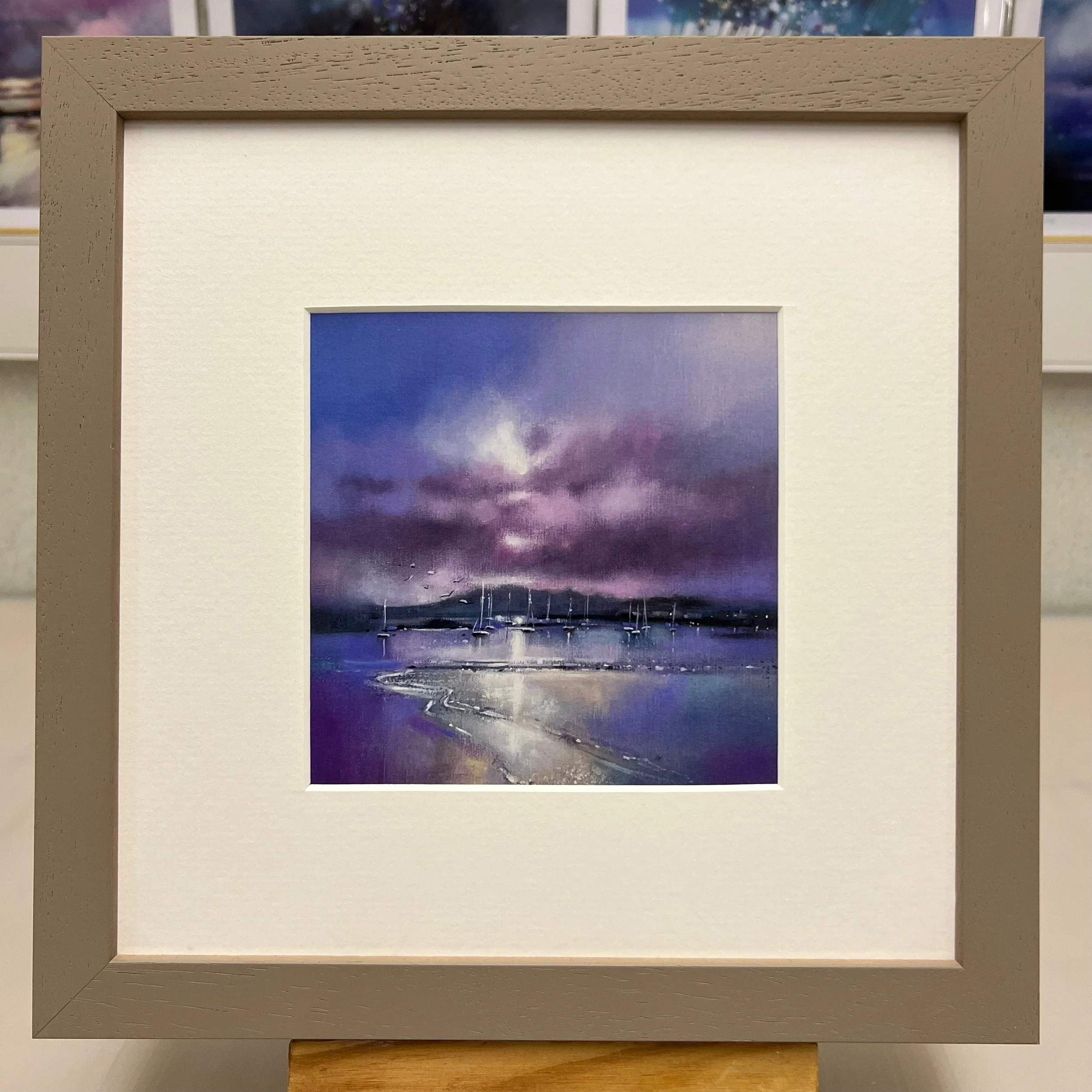 Emma S Davis Artist's art greetings card mounted in a light grey frame 'Millport Memories' looking out from Kames Bay on the Isle of Cumbrae towards the Isle of Arran