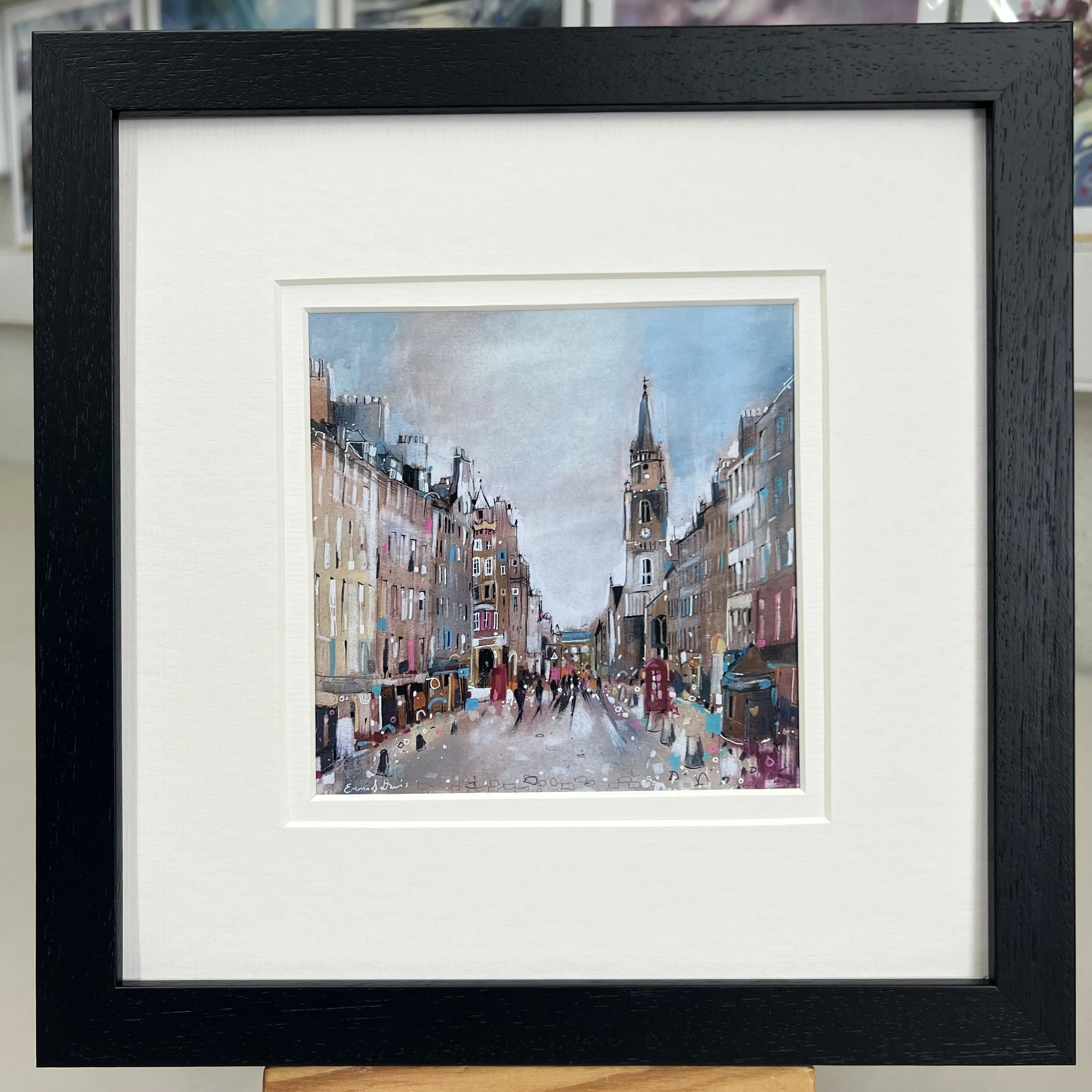 Royal Mile Edinburgh framed art card featuring one of Edinburgh’s most famous historic streets in Scotland by Emma S Davis Artist. Black frame double mount.