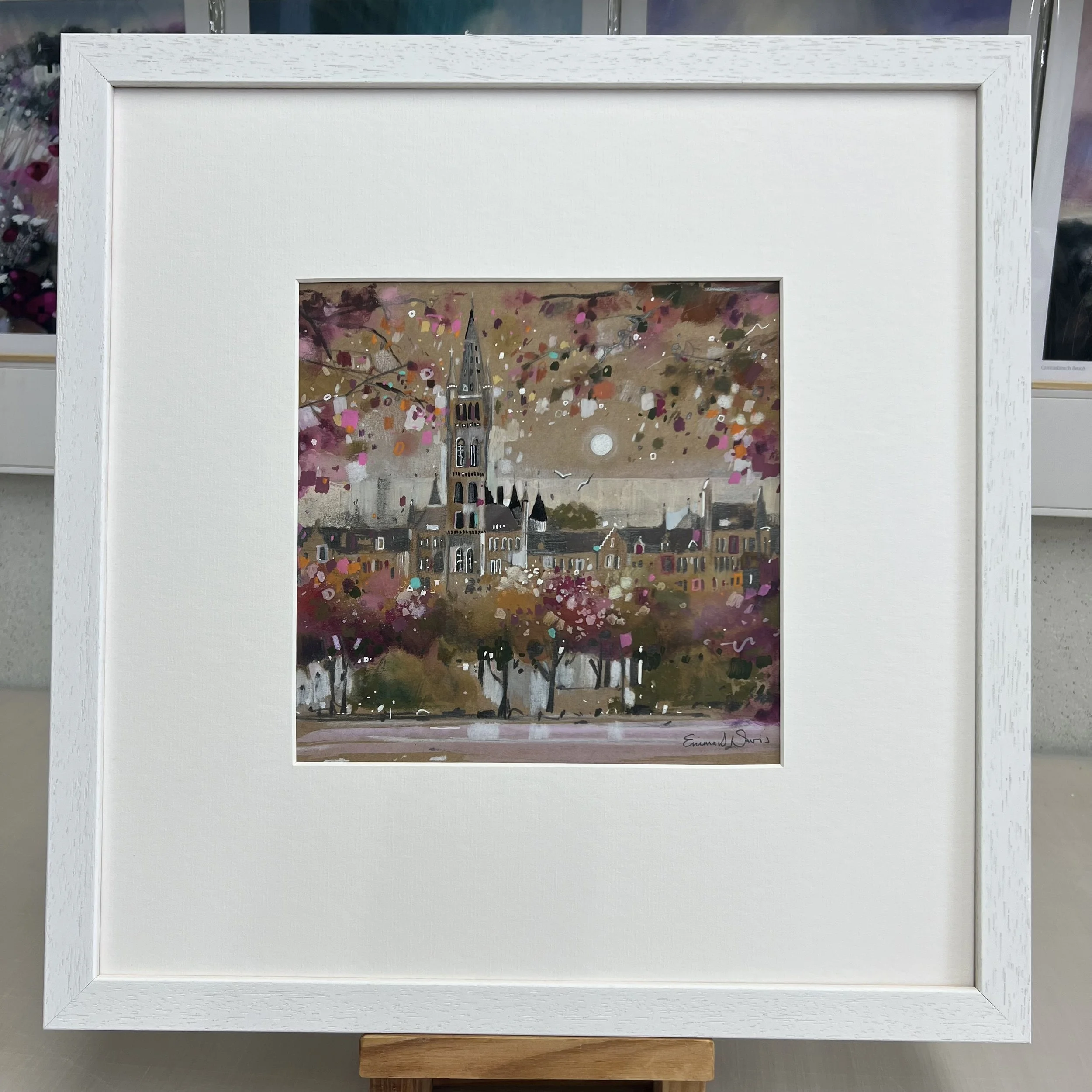 Framed Glasgow University painting showing the iconic Gilbert Scott Building in Glasgow