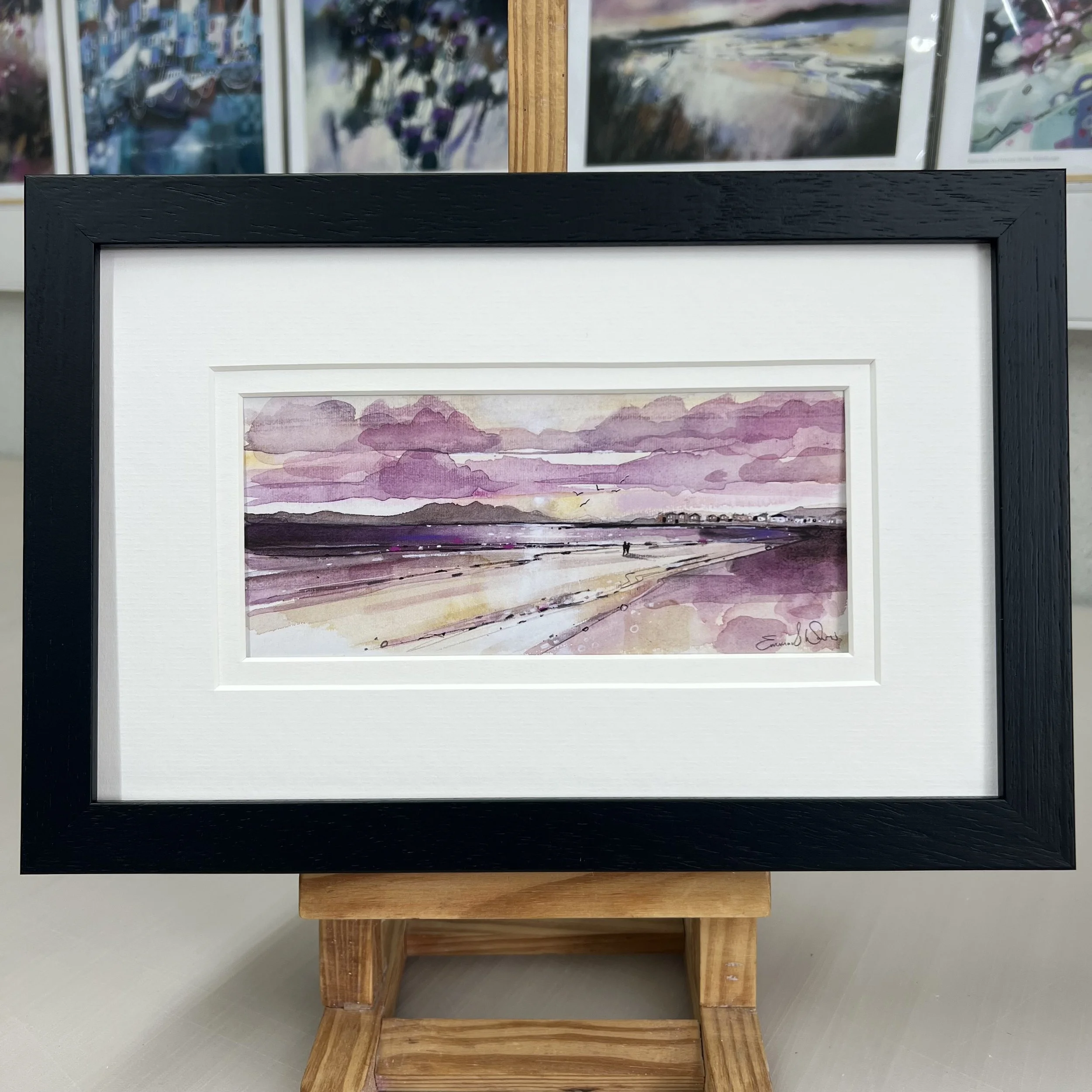 Framed Art Card Isle of Arran View, Troon Beach, Ayrshire by Scottish Landscape Artist Emma S Davis. Black Frame Double Mount