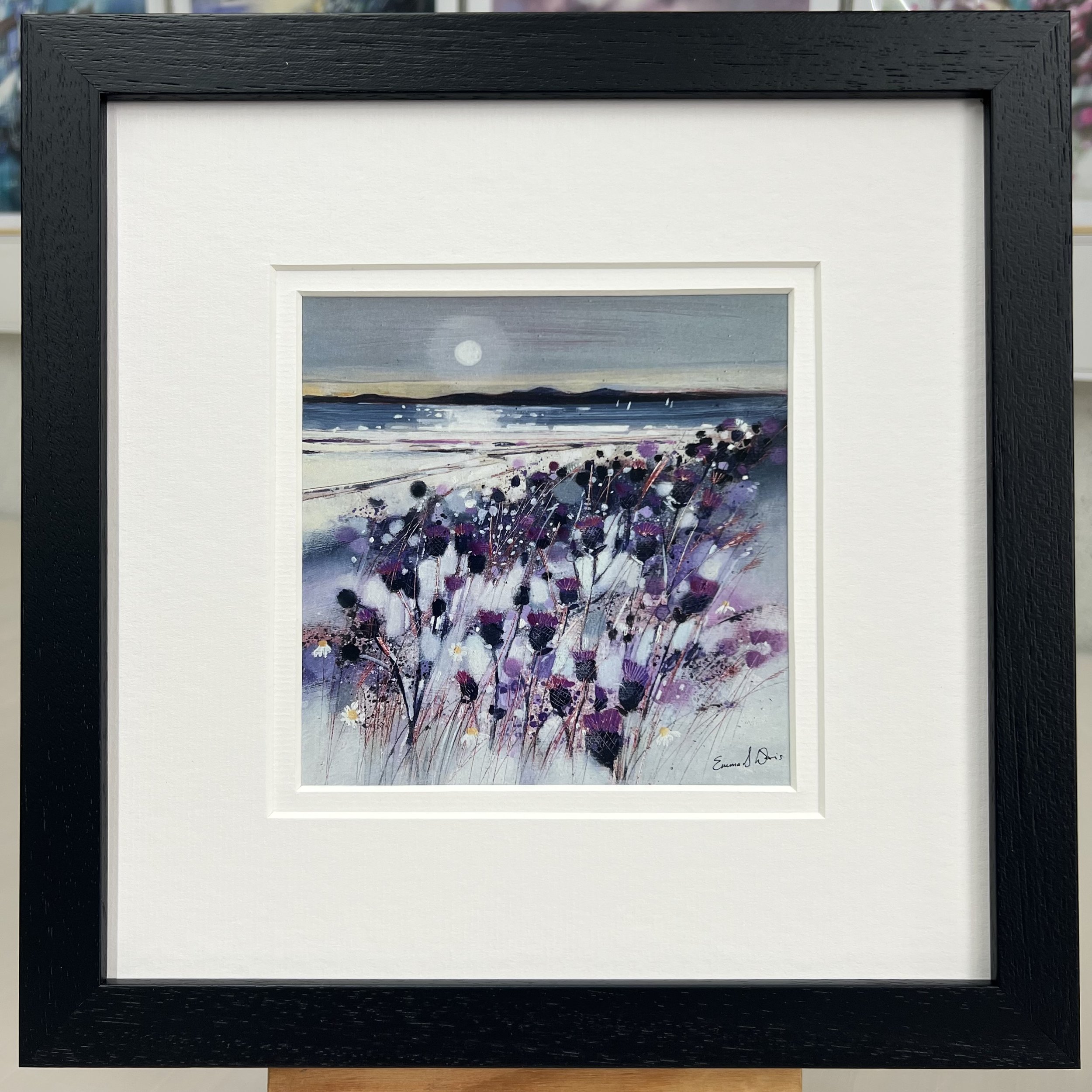 Framed Art Card Isle of Arran & Thistles by Scottish Landscape Artist Emma S Davis. Black Frame Double Mount