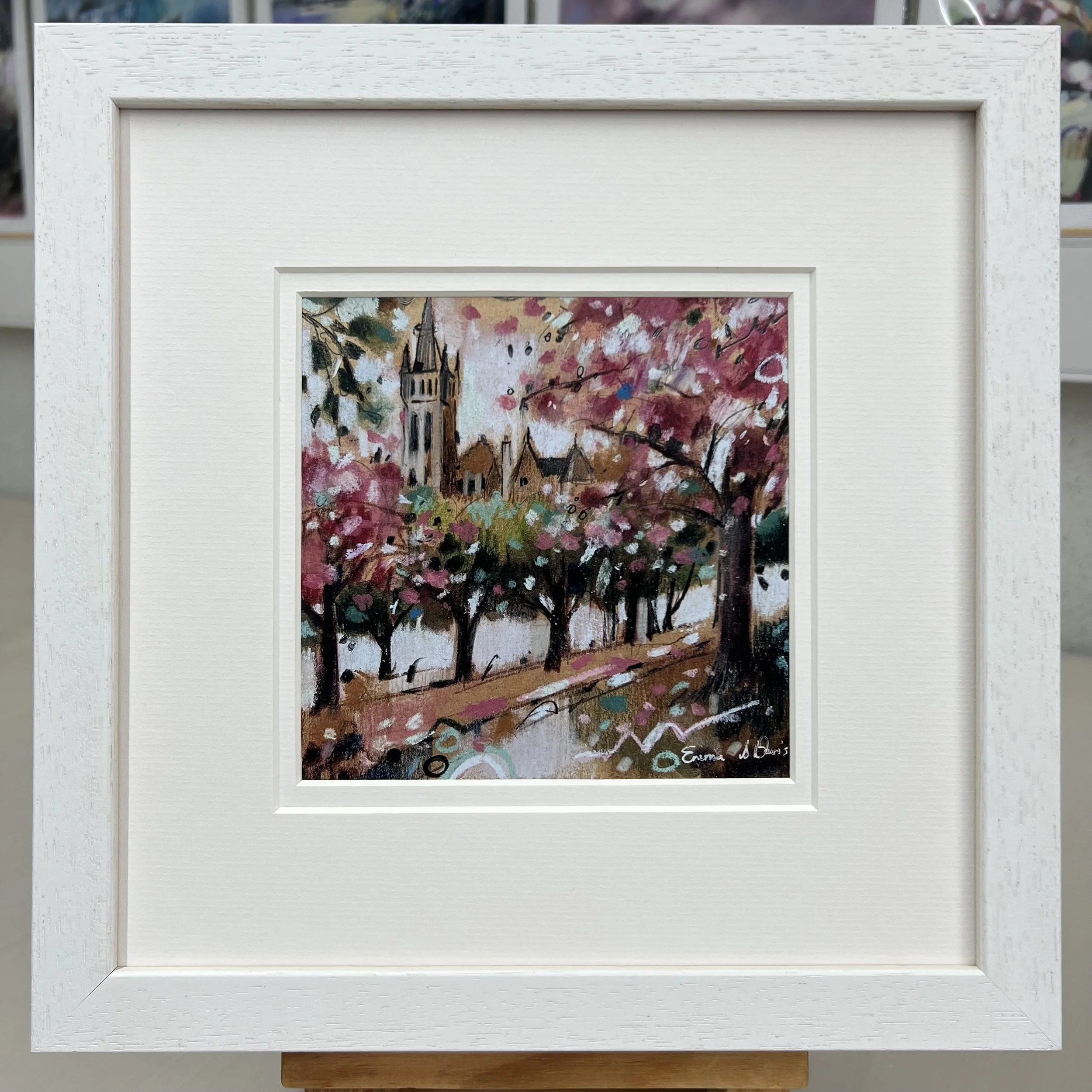Framed Art Card Glasgow University in Spring by Scottish Landscape Artist Emma S Davis. White Frame Double Mount