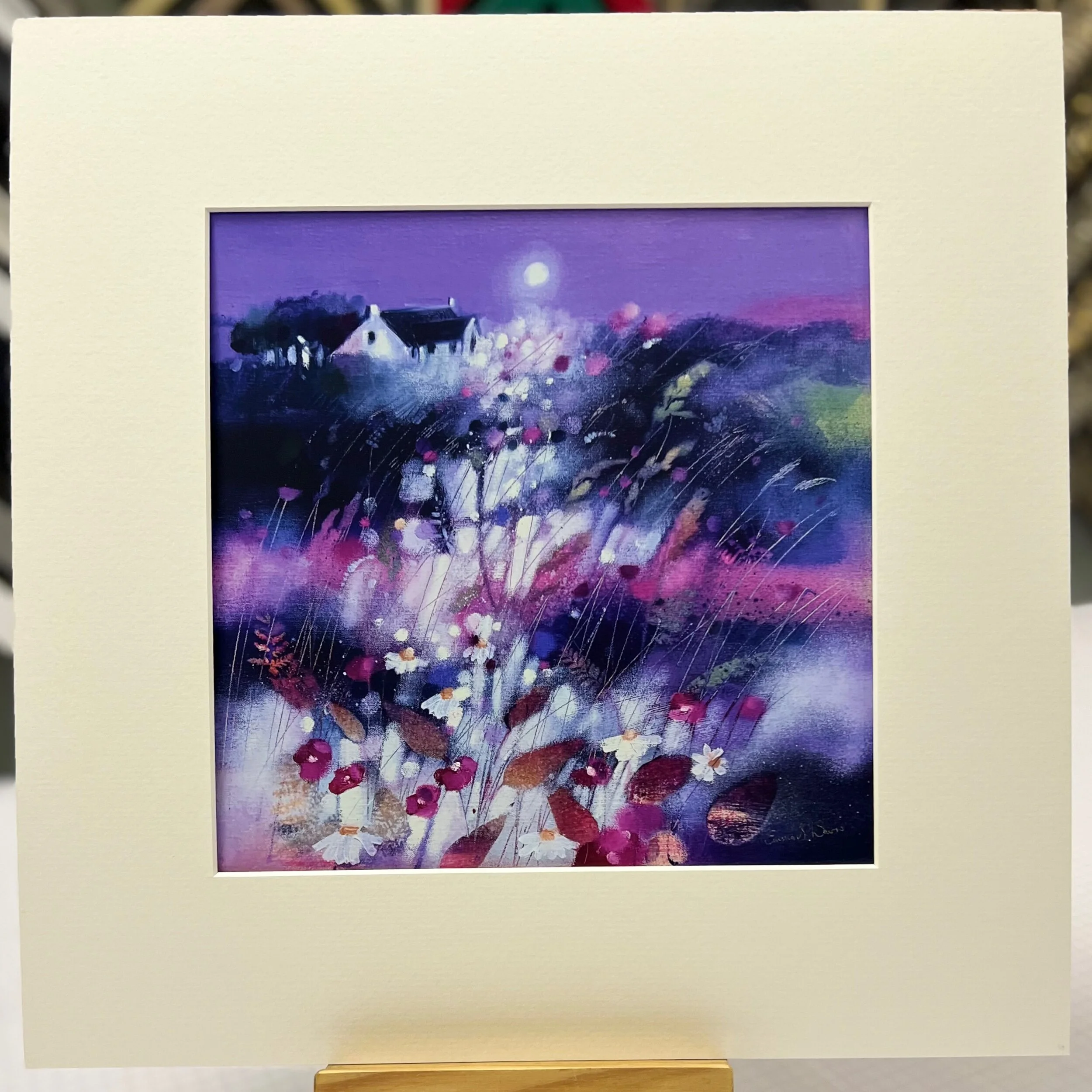 Art Print of Highland Croft Amongst Thistles and Heather by Scottish Landscape Artist Emma S Davis. Mounted Option.