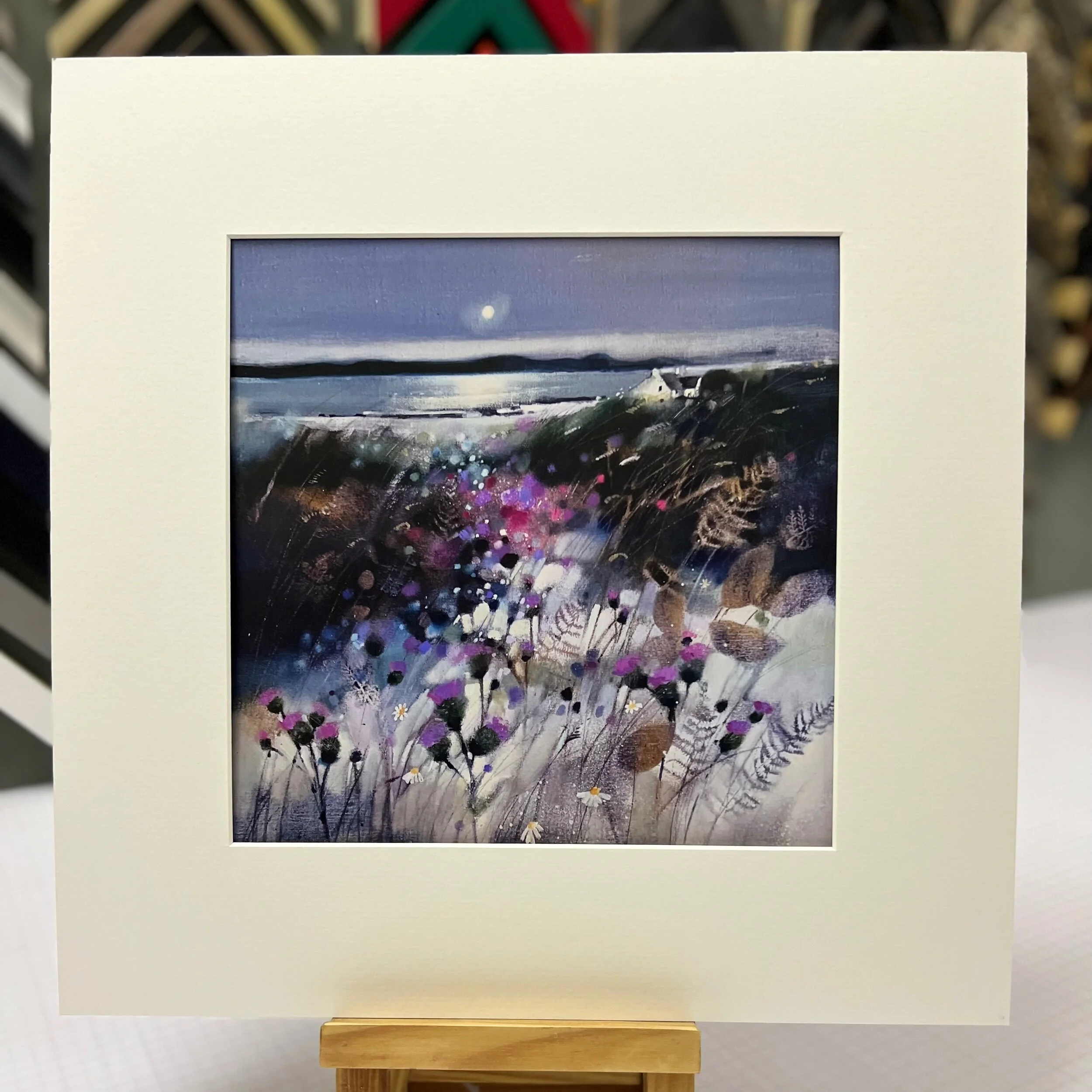 Art Print Thistles, Kintyre with View to Gigha by Scottish Landscape Artist Emma S Davis. Mounted Option.