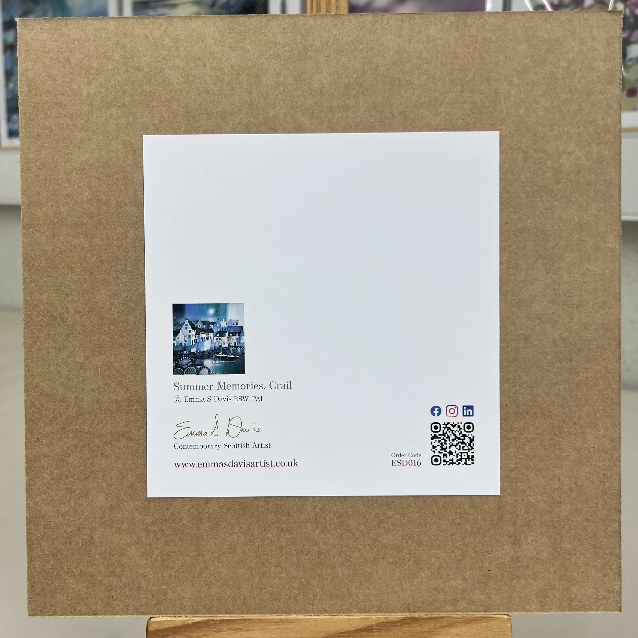 Greetings Card Crail Harbour East Neuk of Fife by Scottish Landscape Artist Emma S Davis. Mounted option rear view.