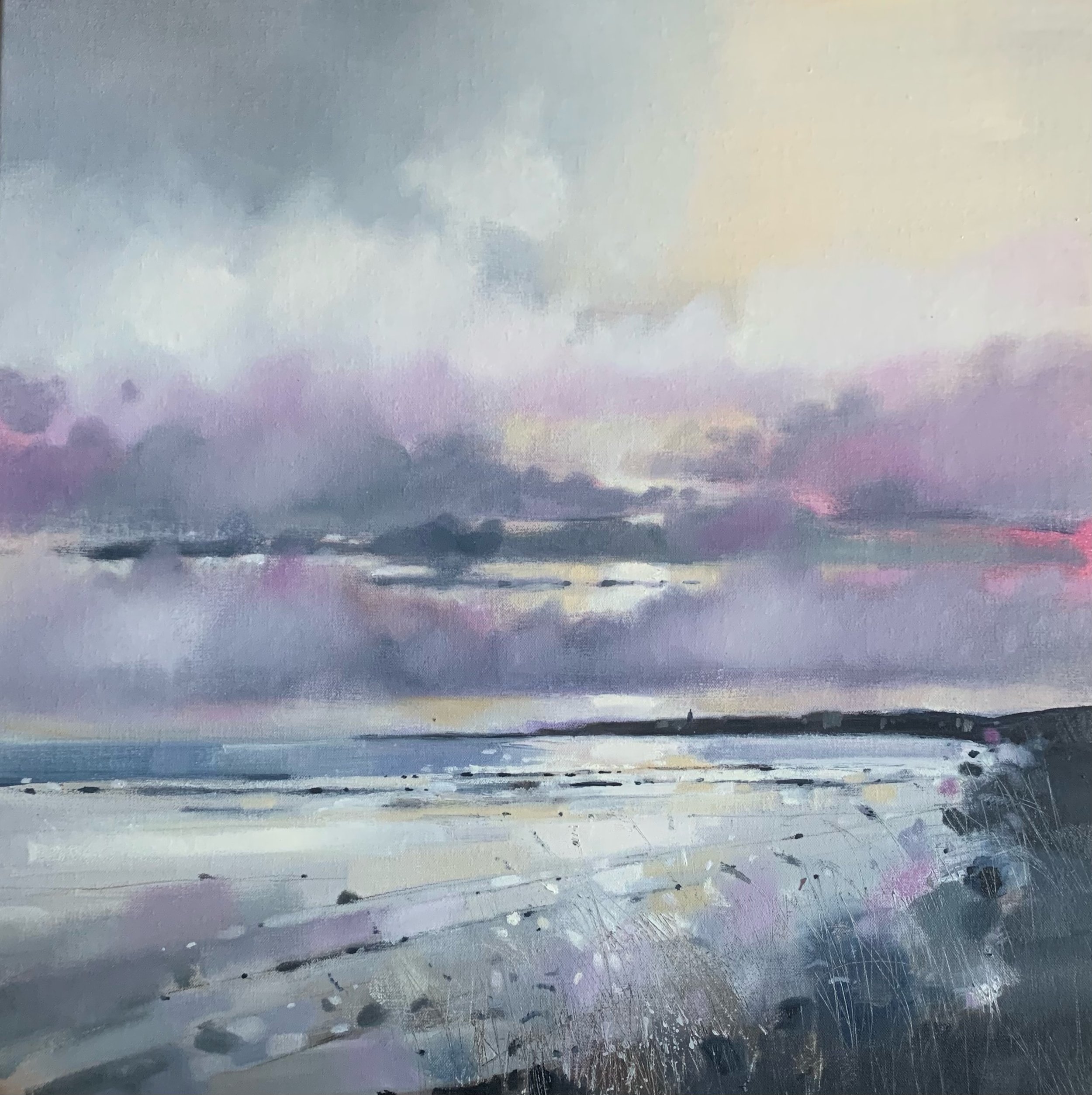 Detail of Emma S Davis Artist's art greetings card 'Sunrise, West Sands, St Andrews' looking over the beach towards the Old Course clubhouse and the historic University town