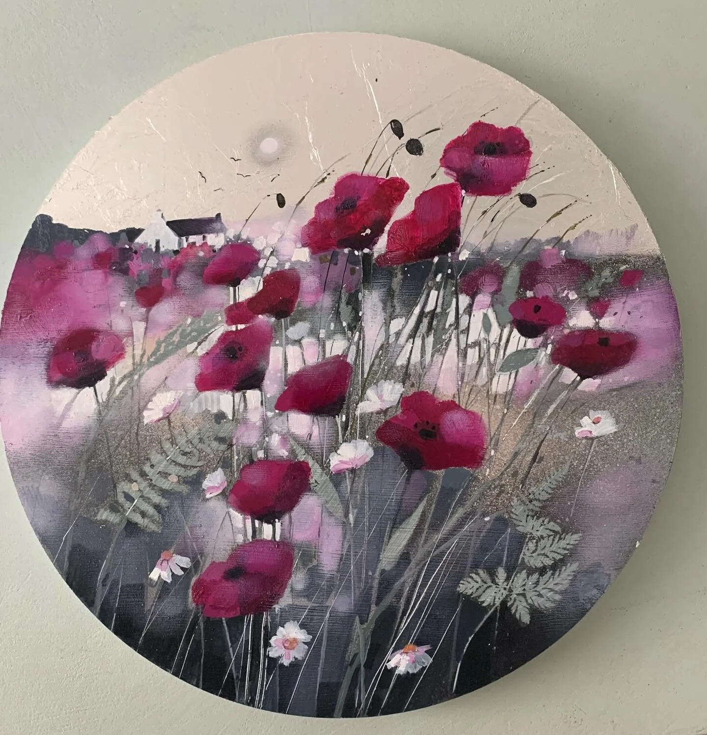 &lsquo;To the Moon and Always&rsquo; 
Decided to do another round piece. This one has a silver leaf sky too. 
Diameter approx 14&rdquo; 
www.emmasdavisartist.co.uk
.
.
.
#emmasdavisartist #emmadavisart #scottishart #artwork #poppies #poppypainting #s