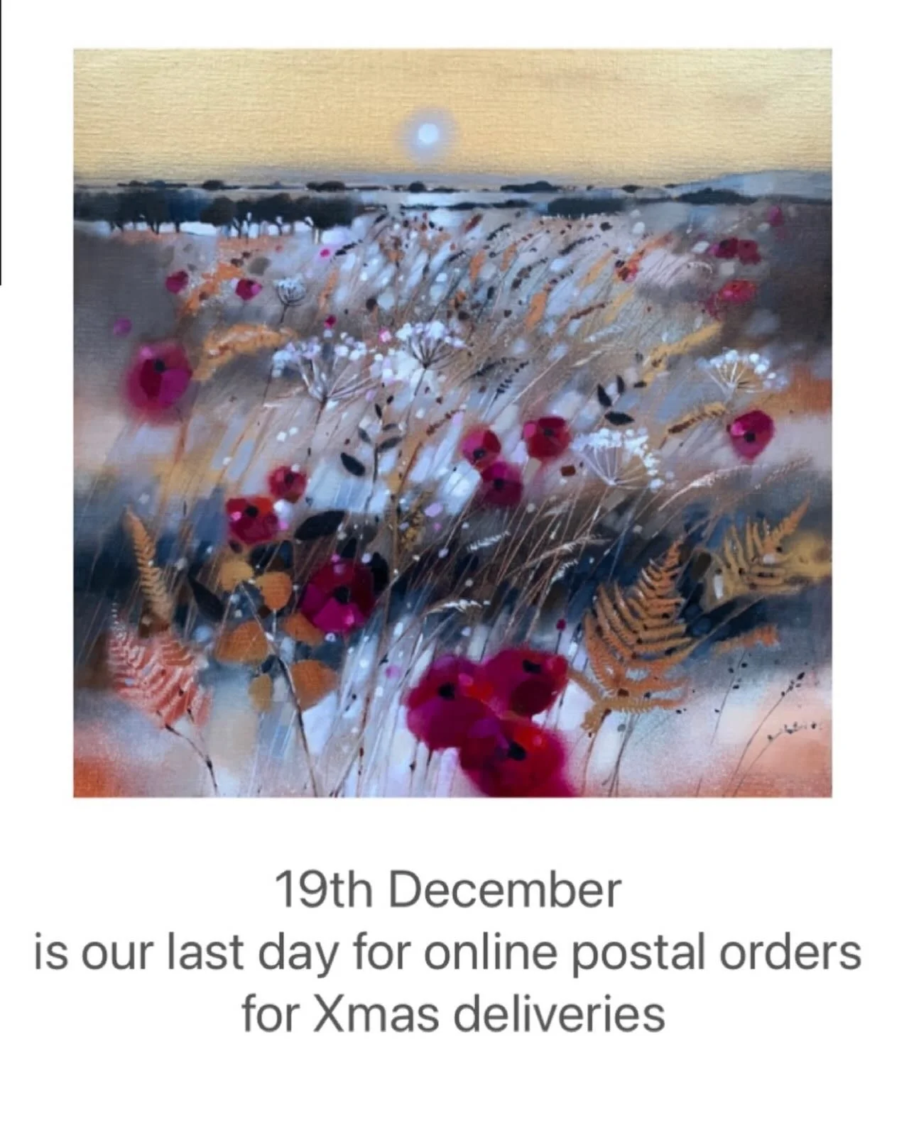 Please place any orders on website or Etsy by Friday 19th. We will be posting out orders this week with the tracked 24 service to make sure they arrive on time. 
Local collections are available until Xmas Eve. 
Thank you so much for all your orders I