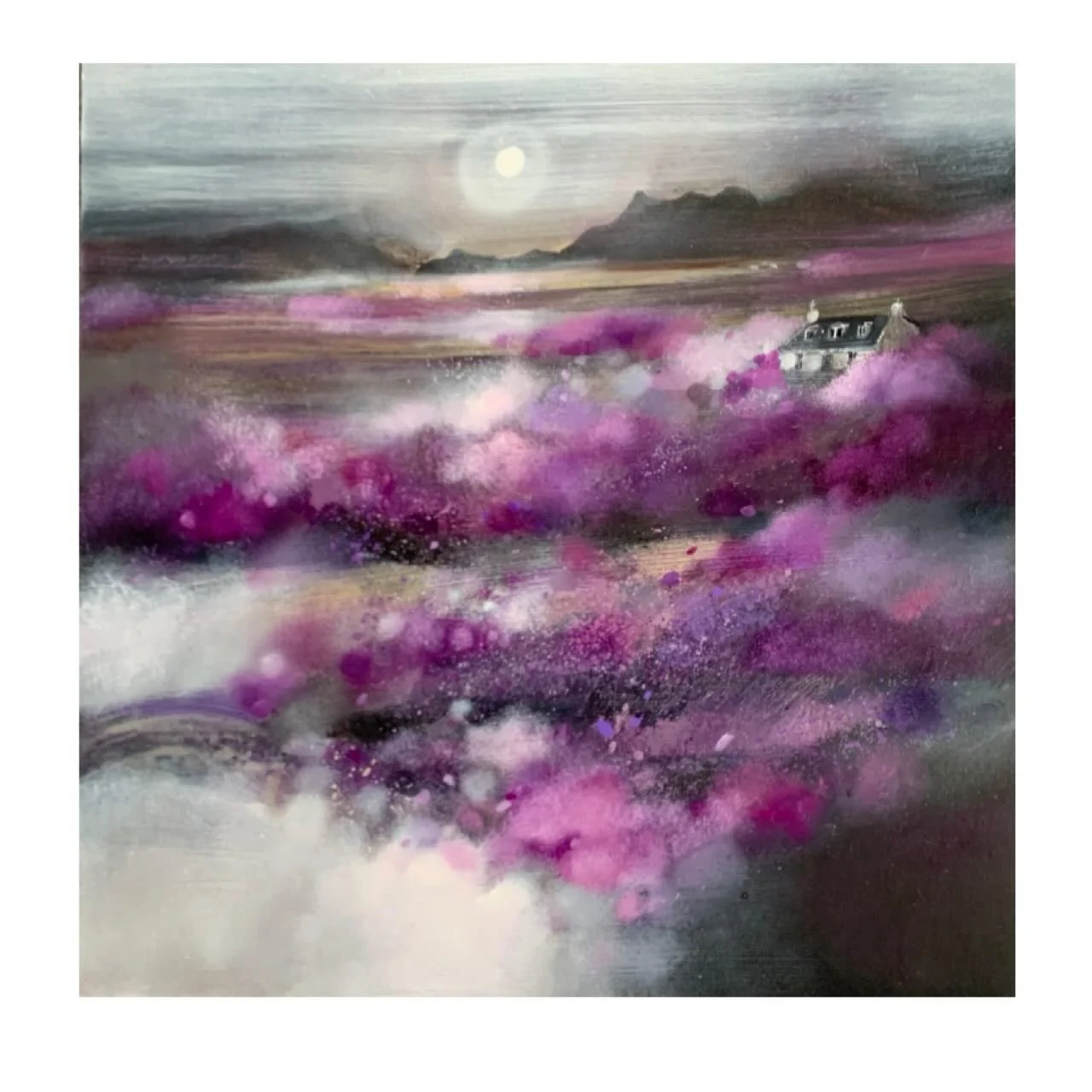 &lsquo;Moonlit Heather, Isle of Skye&rsquo; 
15&rdquo; x 15&rdquo; oil on gesso panel 
Framed size approx 22&rdquo; x 22&rdquo; 
www.emmasdavisartist.co.uk
.
.
.
#emmasdavisartist #scottishart #skye #scottishheather #contemporyart