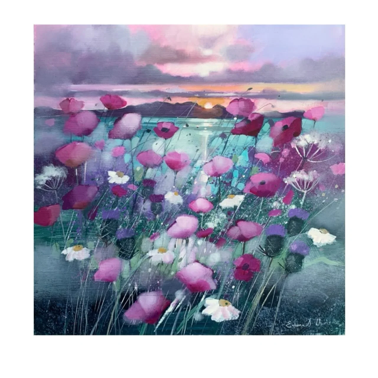 &lsquo;Arran At Dusk&rsquo; 
14&rdquo; x 14&rdquo; oil on gesso panel 
Framed size approx 22&rdquo; x 22&rdquo;
www.emmasdavisartist.co.uk
.
.
.
#emmasdavisartist #emmadavis #arran #westkilbride #sunsetart