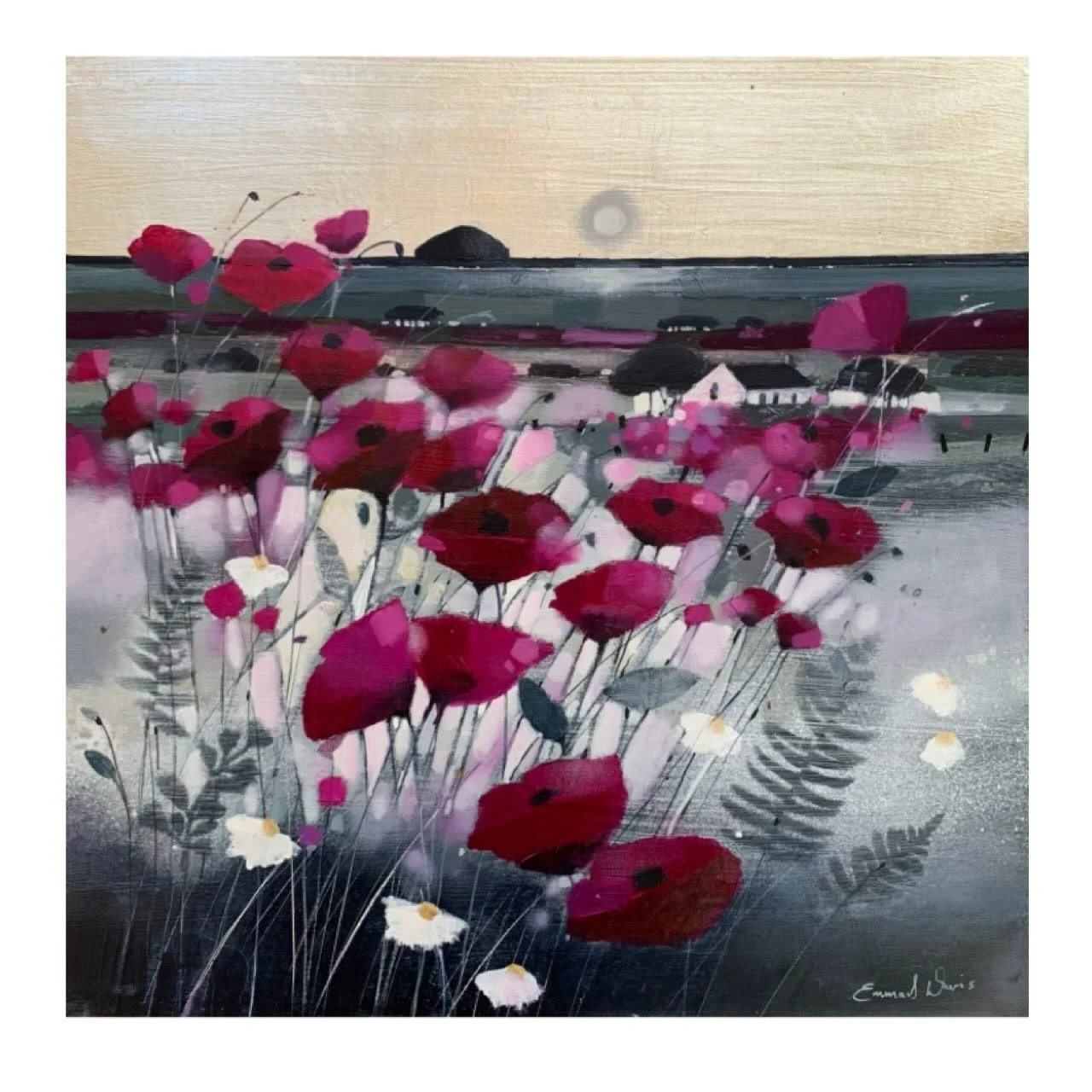 &lsquo;Ayrshire Fields and Ailsa Craig&rsquo; 
14&rdquo; x 14&rdquo; oil on gesso panel with silver leaf 
Framed size approx 23&rdquo; x 23&rdquo; 
www.emmasdavisartist.co.uk 
.
. 
.
#emmasdavisartist #scottishart #ailsacraig #paddysmilestone #poppie
