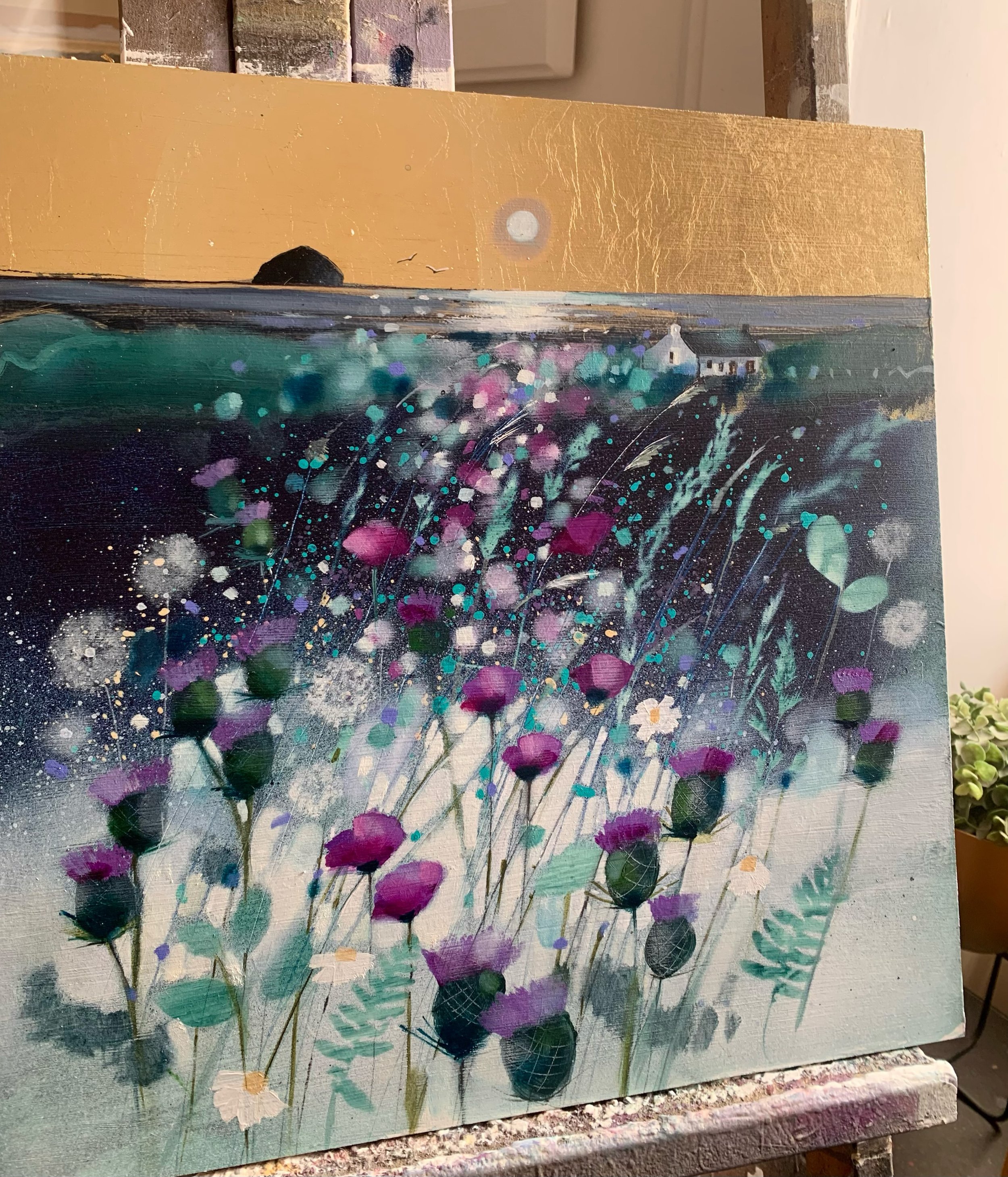 Paddy&rsquo;s Milestone and Thistles on the easel . 
14&rdquo; x 14&rdquo; oil on gesso board with gold leaf 
www.emmasdavisartist.co.uk 
.
.
.
#emmasdavisartist #paddysmilestone #ailsacraig #thistleart #ayrishire