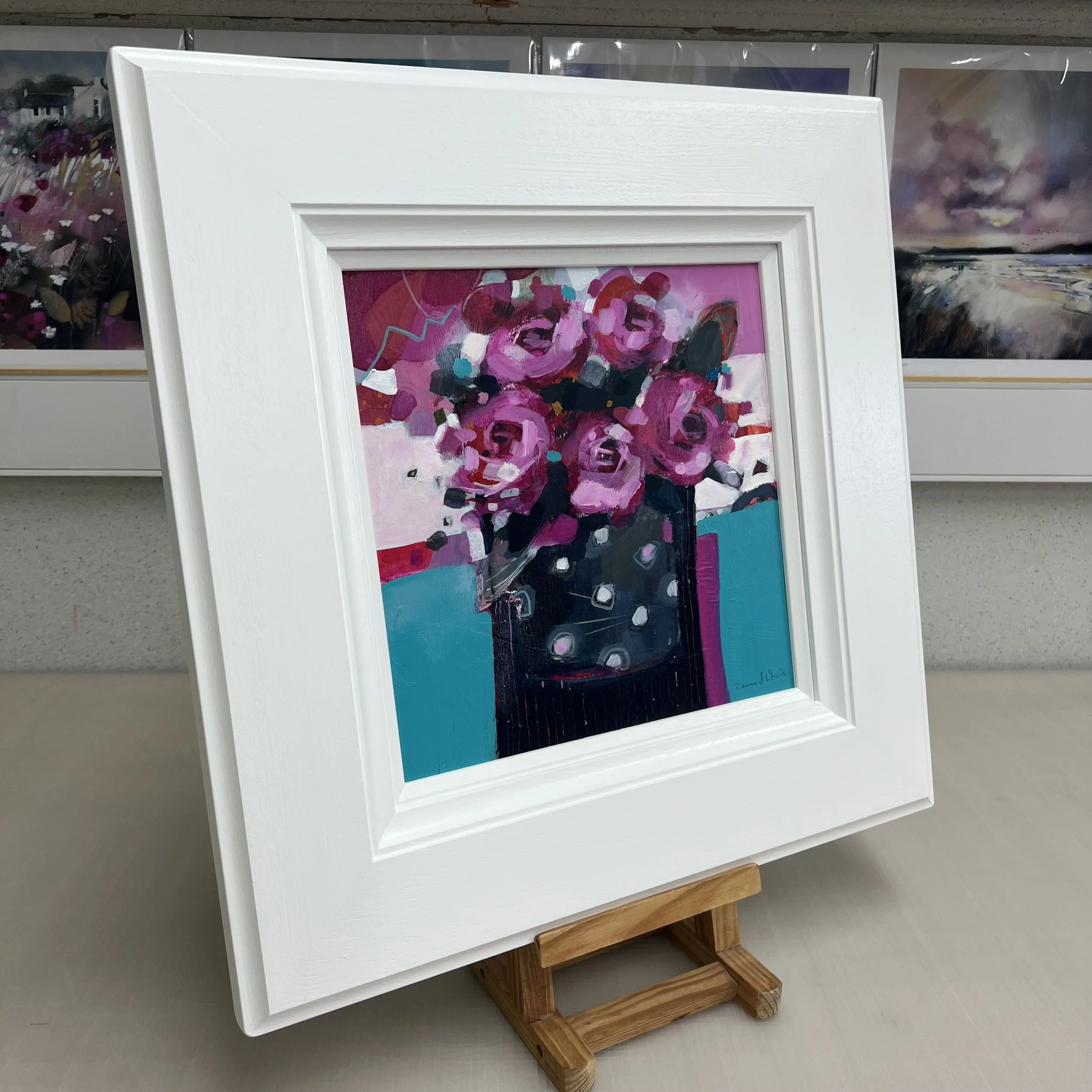 Original painting of bright pink roses titled For You by Emma S Davis. Side view.
