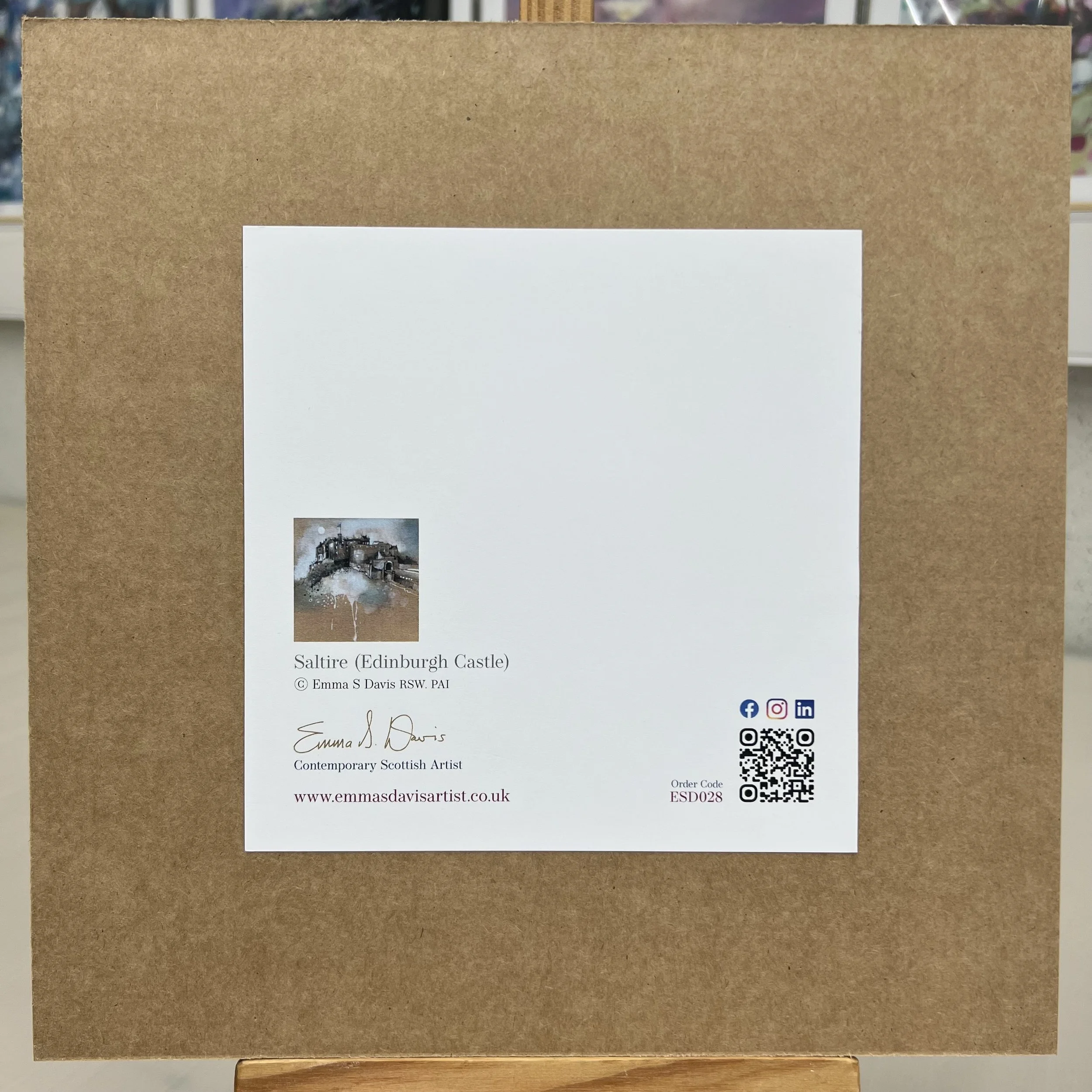 Greetings Card Edinburgh Castle Saltire Flag by Scottish Landscape Artist Emma S Davis. Mounted option rear view.