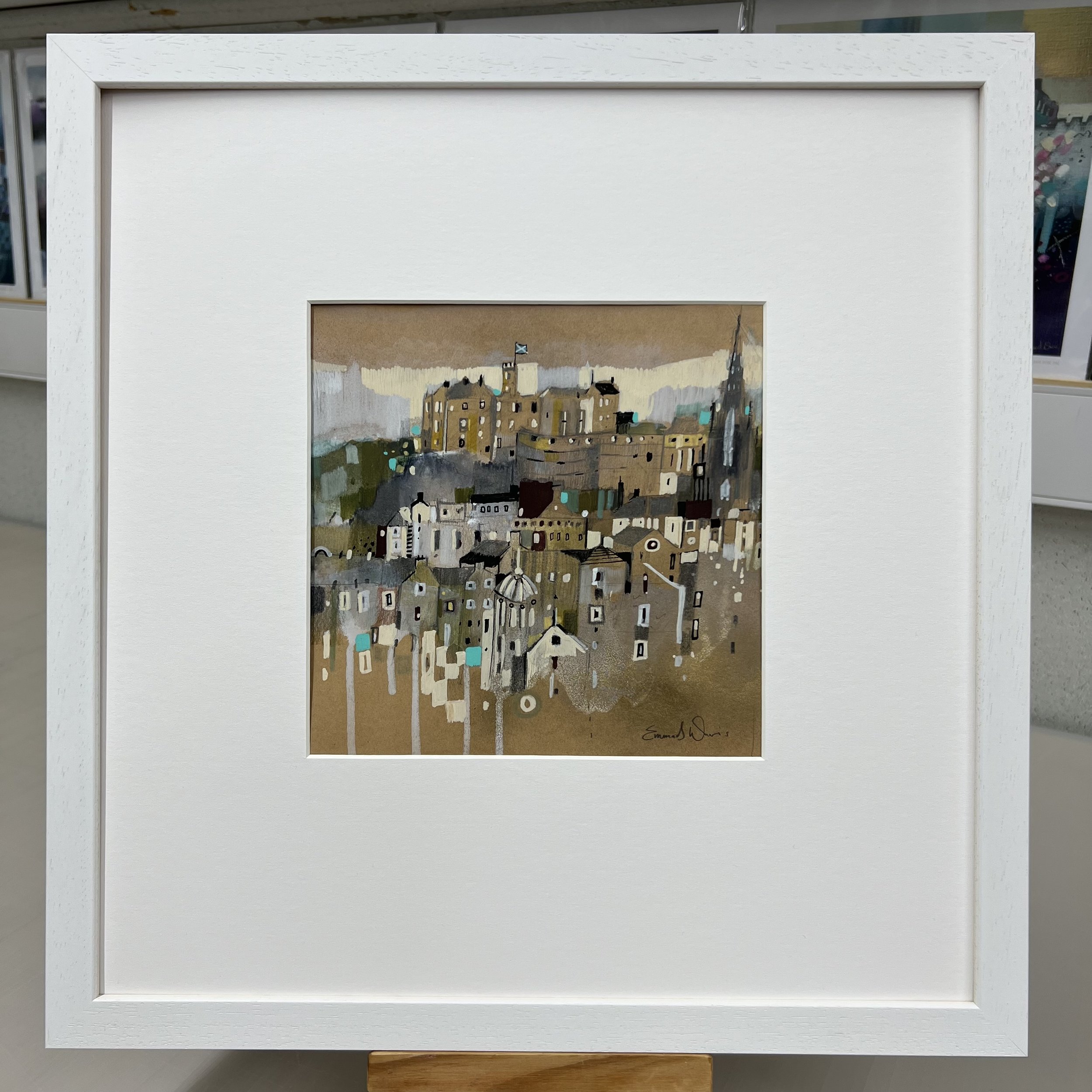 Edinburgh Scottish cityscape framed original pencil, ink and pastel drawing by Emma S Davis artist
