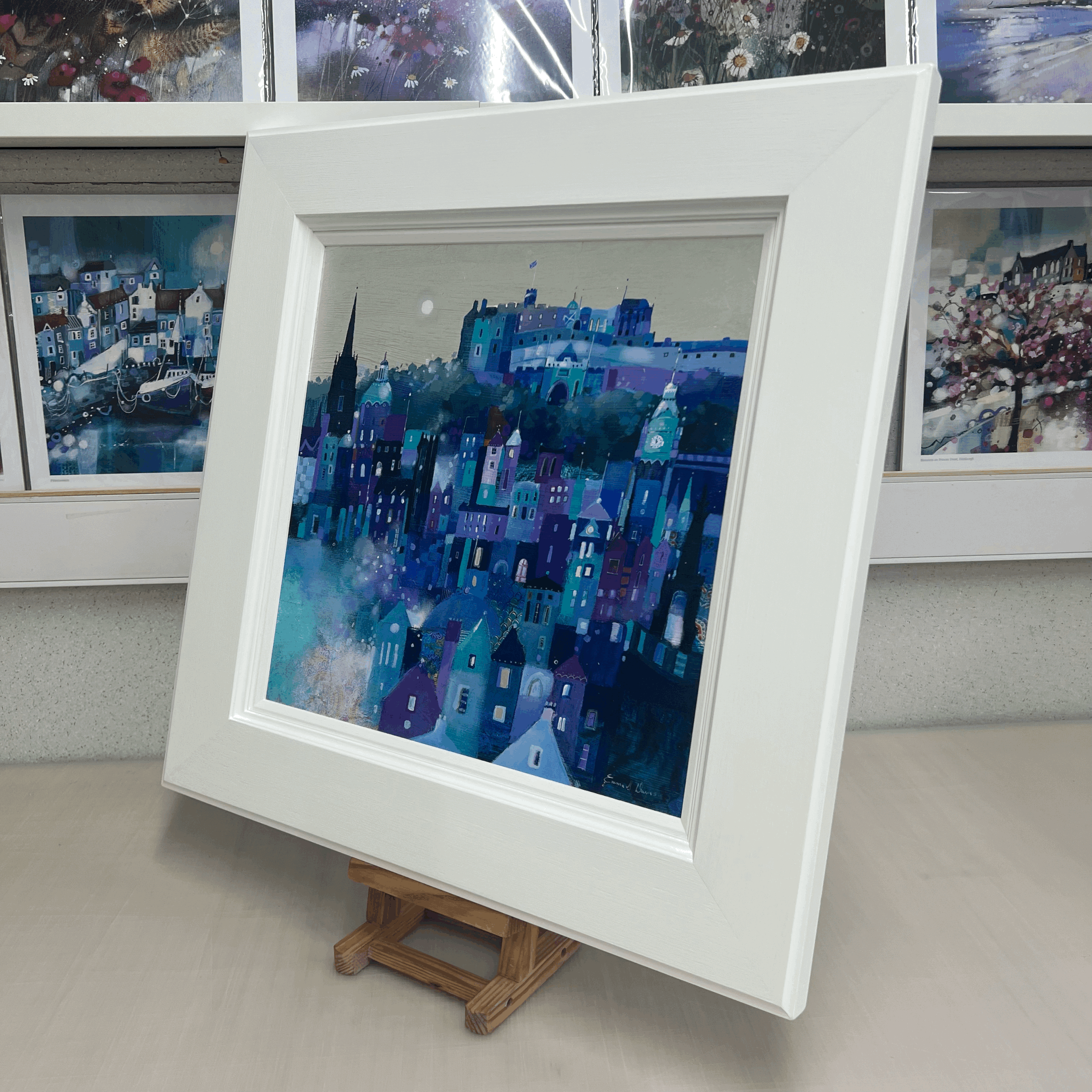 Original oil painting of Edinburgh Castle and the Edinburgh skyline in blue and teal tones by Scottish artist Emma S Davis. Alternate view.