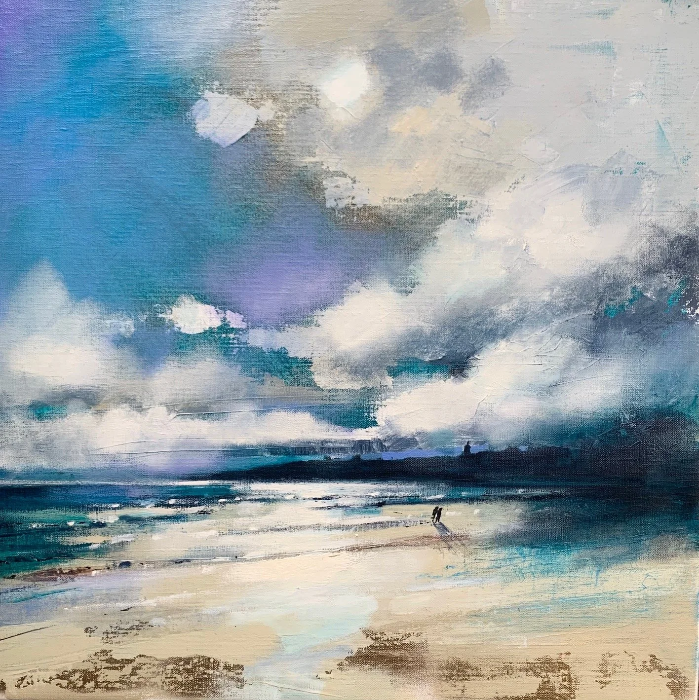 Tide’s Out, West Sands, St Andrews by Emma S Davis – original oil painting of West Sands beach with dramatic skies and two figures walking along the shoreline. Detailed view.
