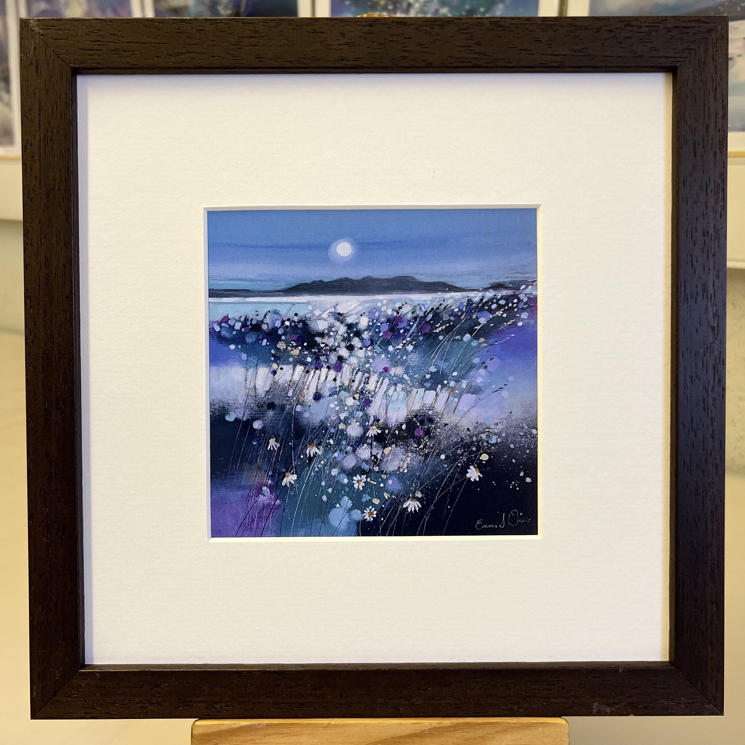 'Moonlight & Arran' framed art card by Emma S Davis Scottish landscape artist framed in dark brown